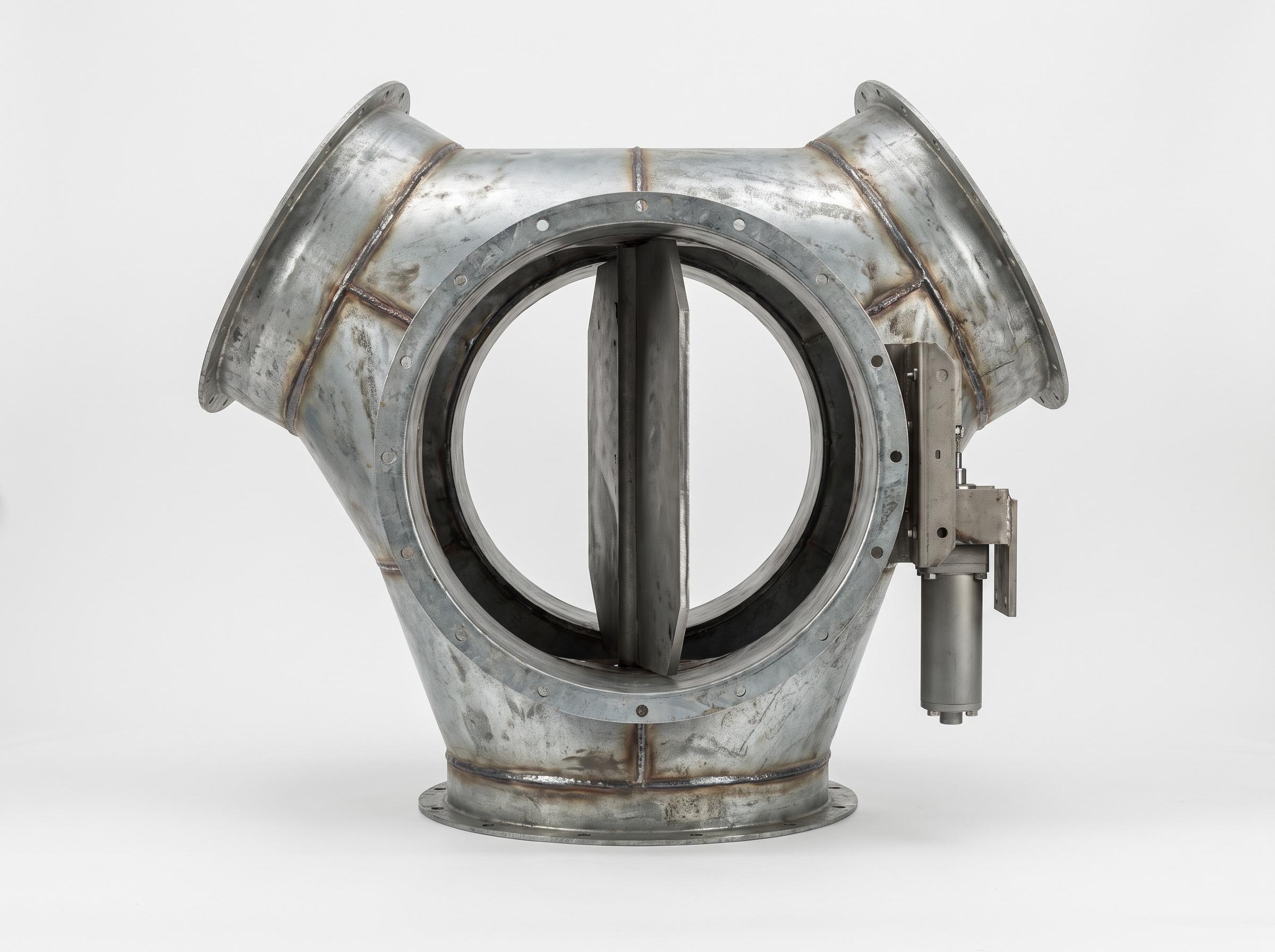 Photorealistic industrial splitter damper installed in a Y-junction duct assembly