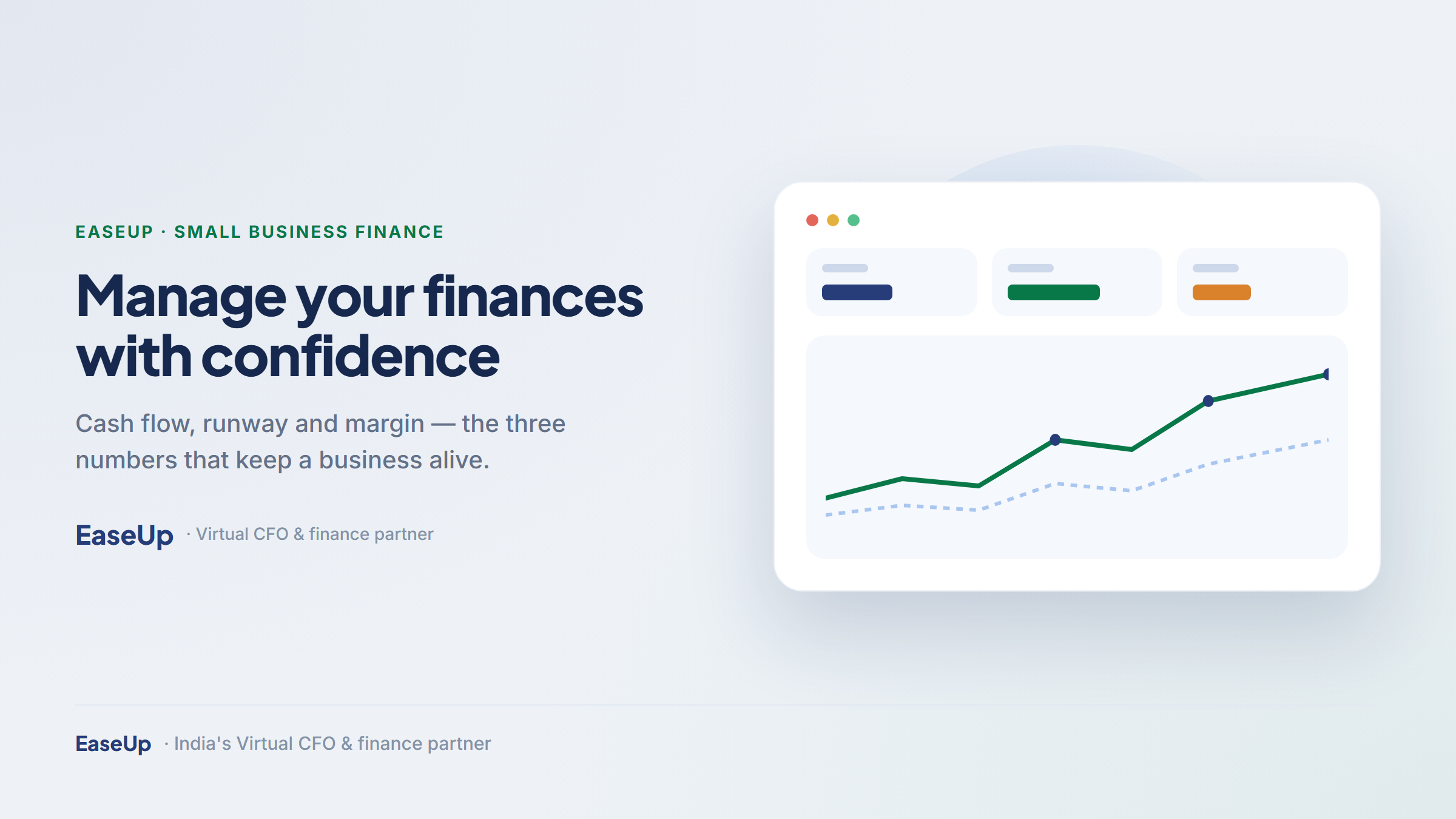 Small business owner reviewing cash flow, runway and margin on a laptop, in EaseUp navy and green