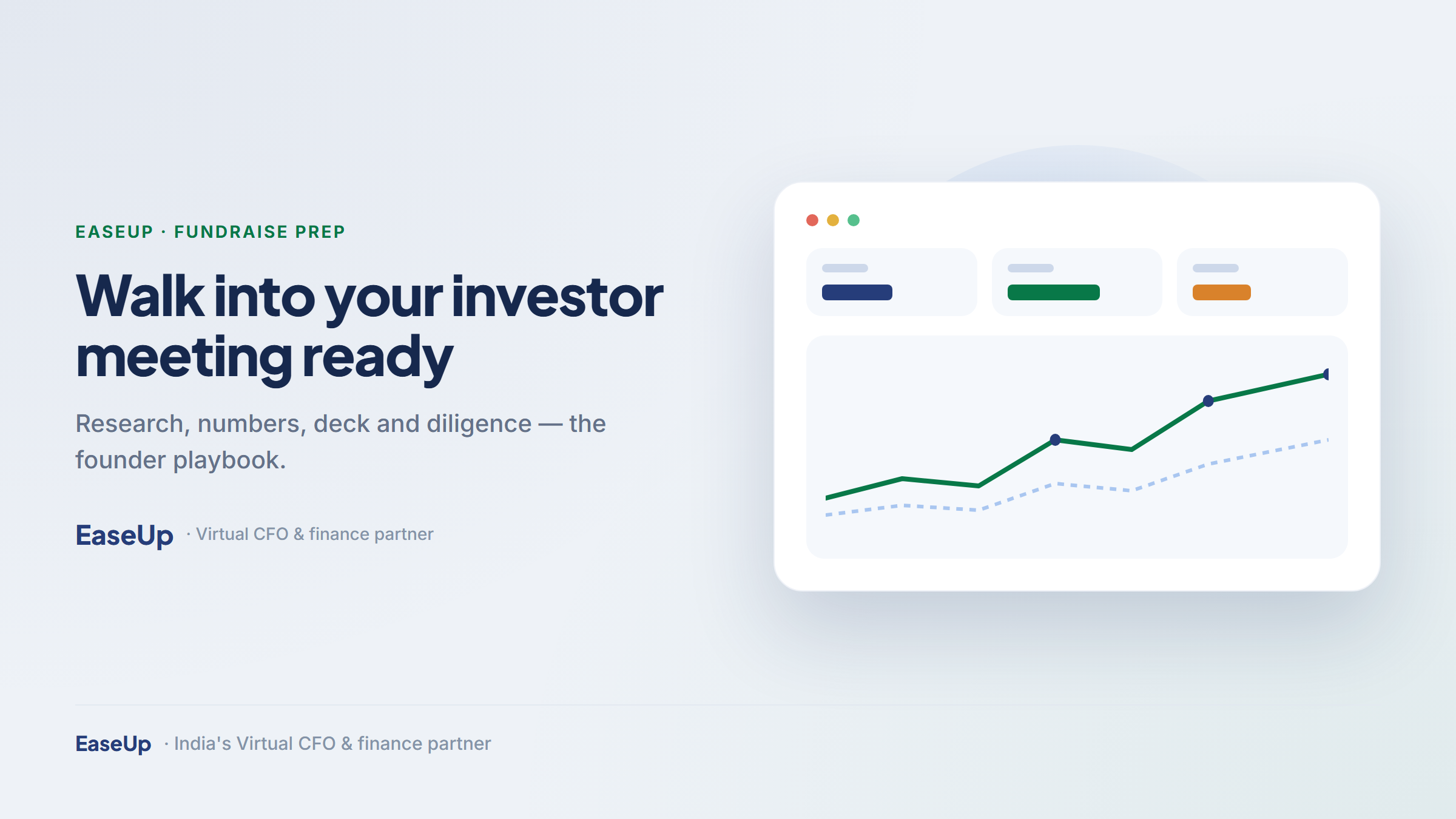 Founder pitching a clean deck to investors, ready for the meeting, in EaseUp navy and green