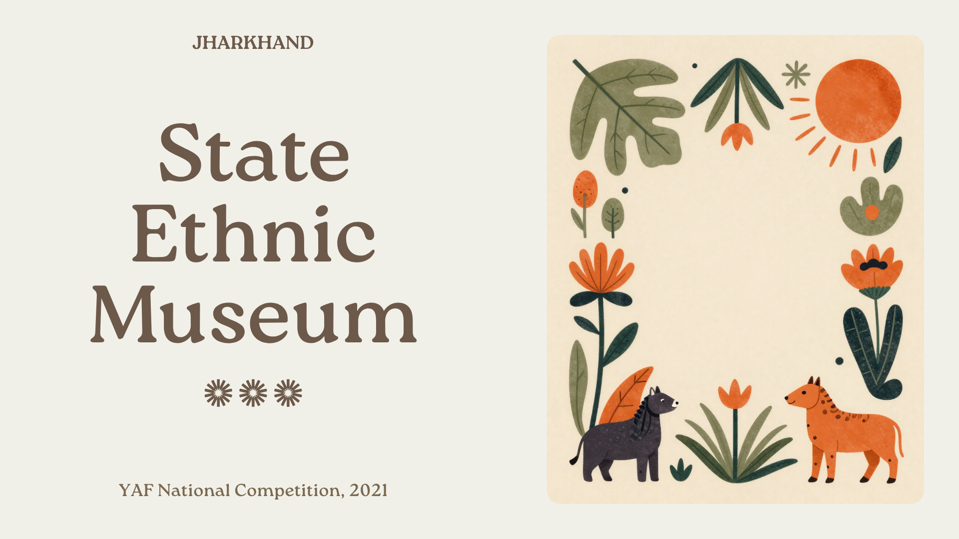 Folk-art illustration of leaves, flowers and animals in orange and forest green