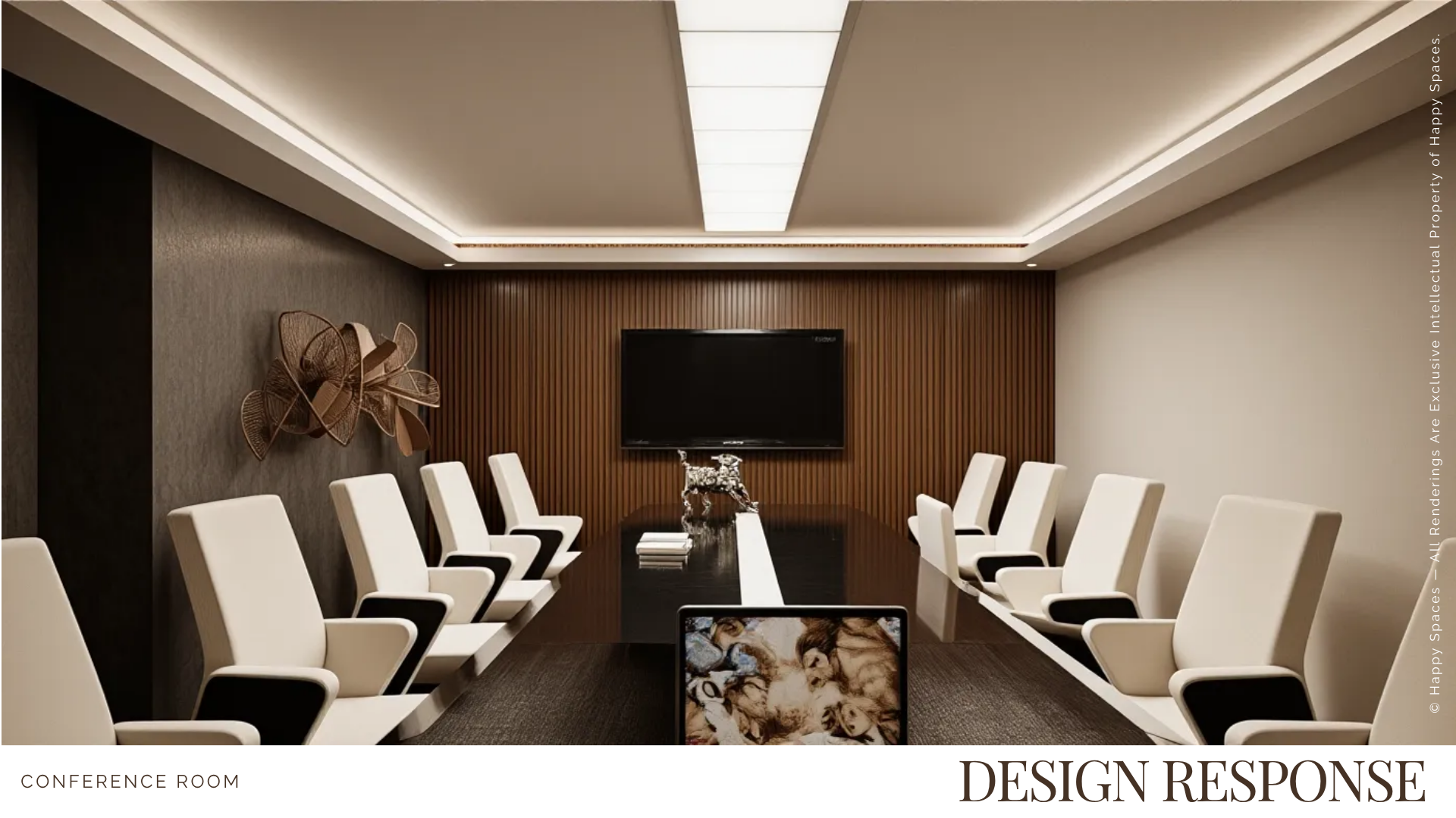 Conference room design with a long timber meeting surface, cream chairs and an illuminated ceiling