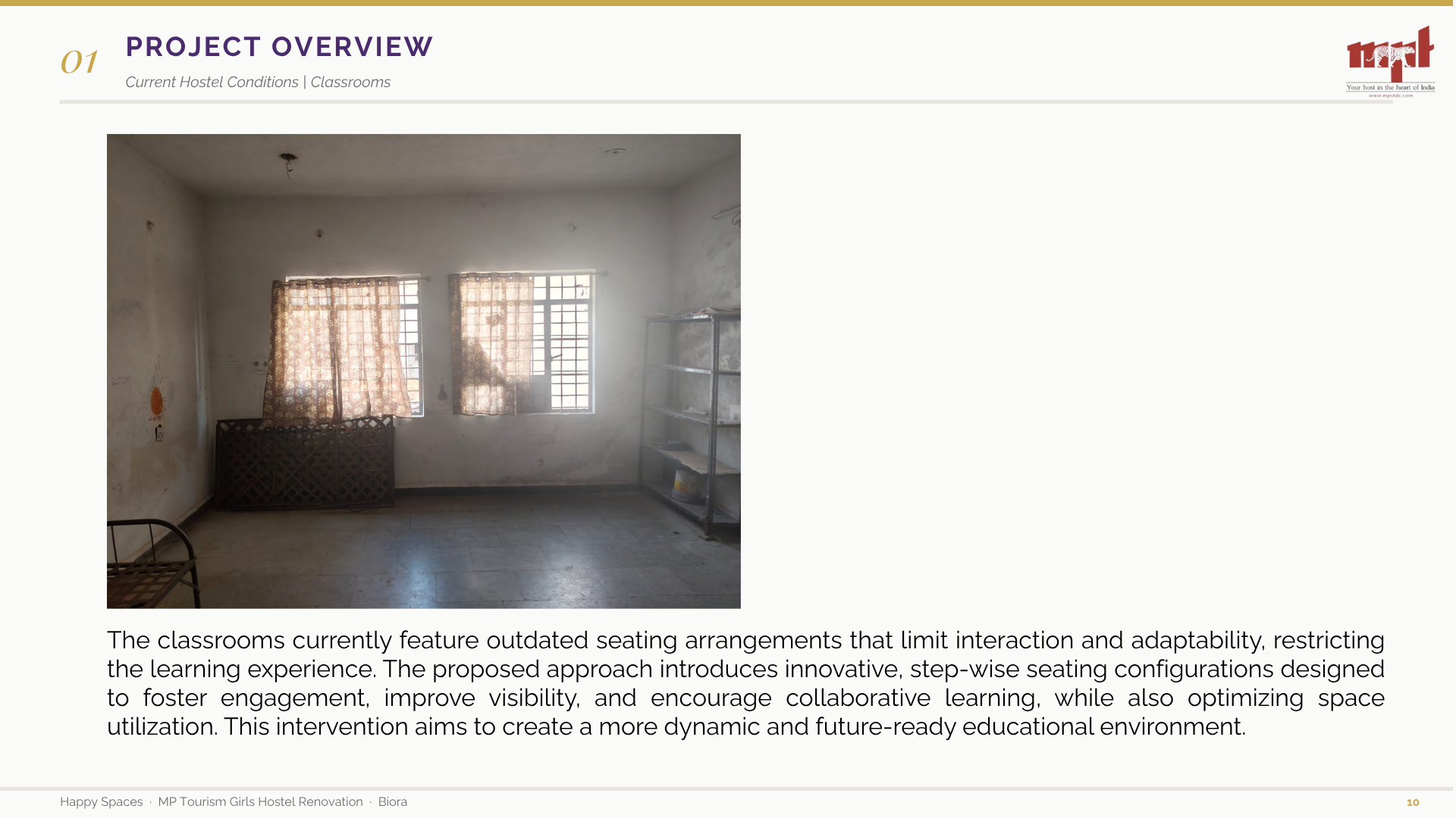 Existing classroom with worn walls, windows and limited furniture