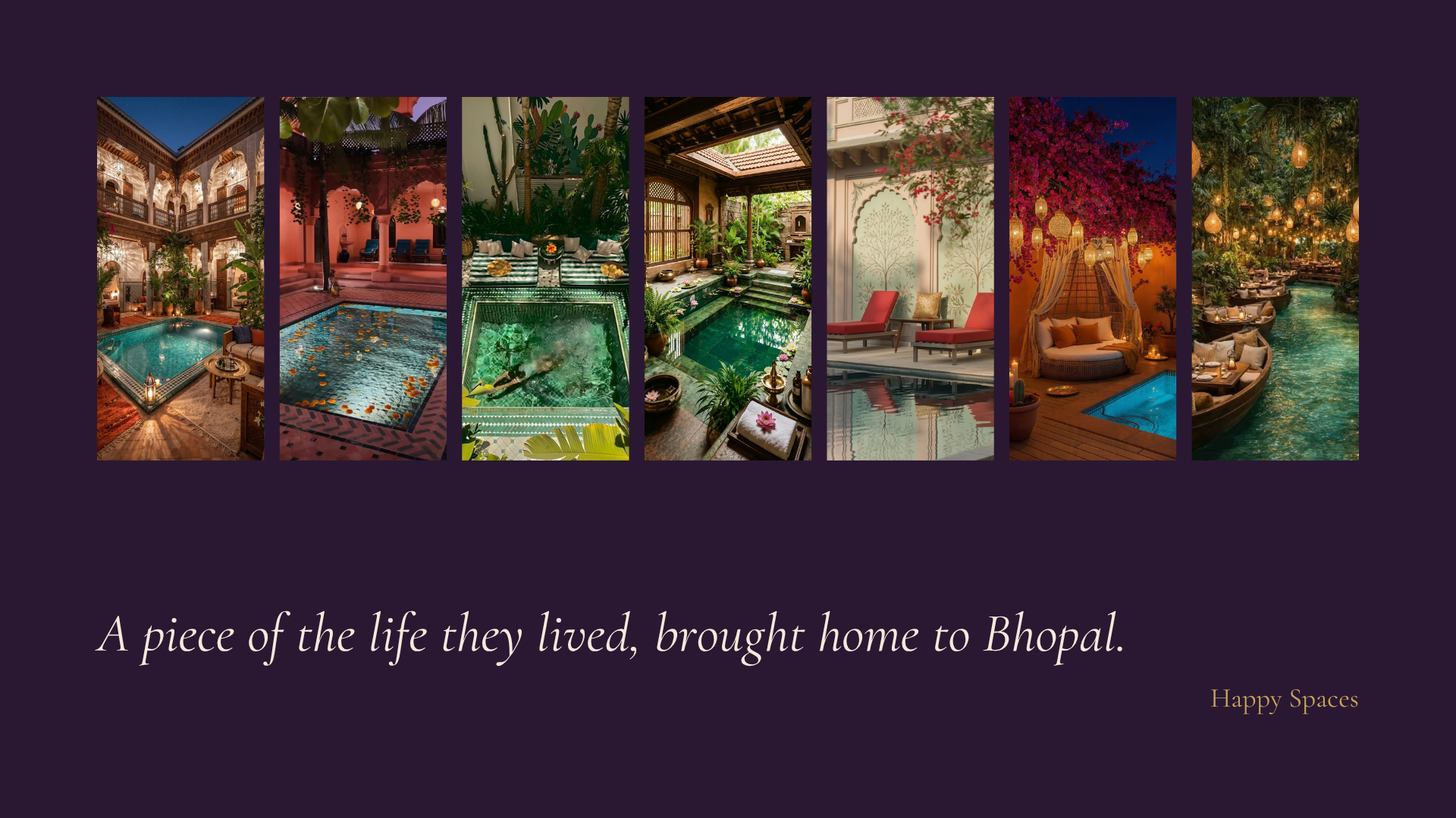 Pebble Hammam inspiration board with seven poolside scenes showing courtyard arches, patterned tile, lush planting, brass lanterns and colourful seating
