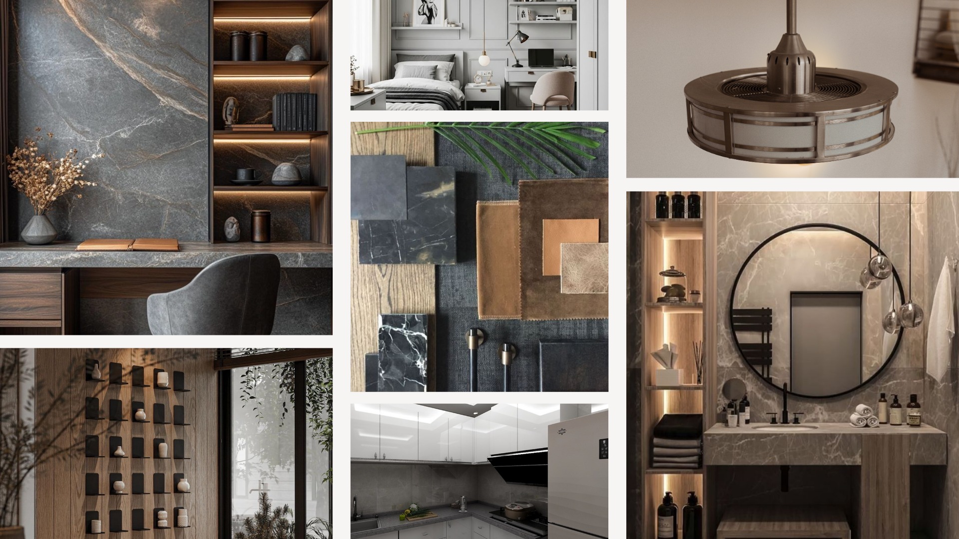 Material inspiration board showing stone, timber, neutral upholstery, lighting and interior detailing