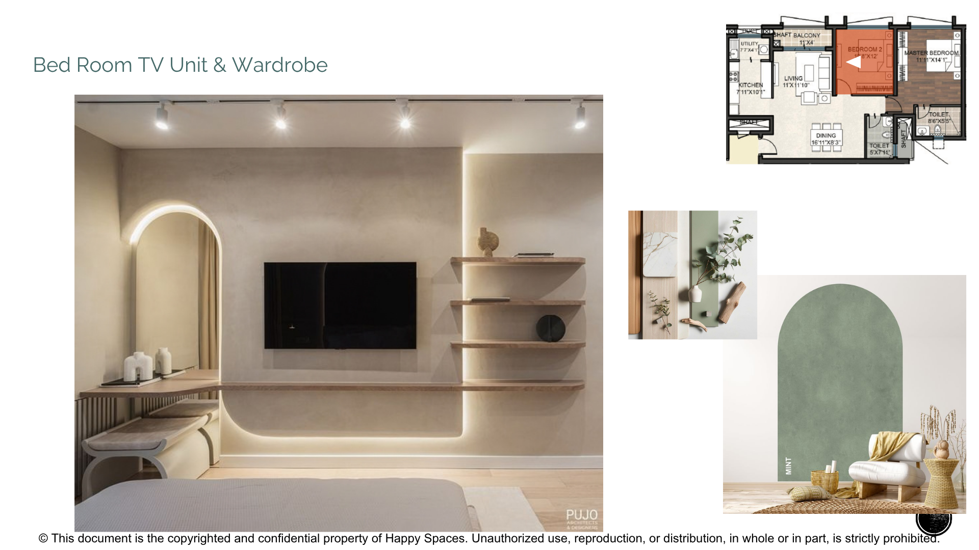 Bedroom inspiration with television wall, dressing mirror, desk and floating shelves