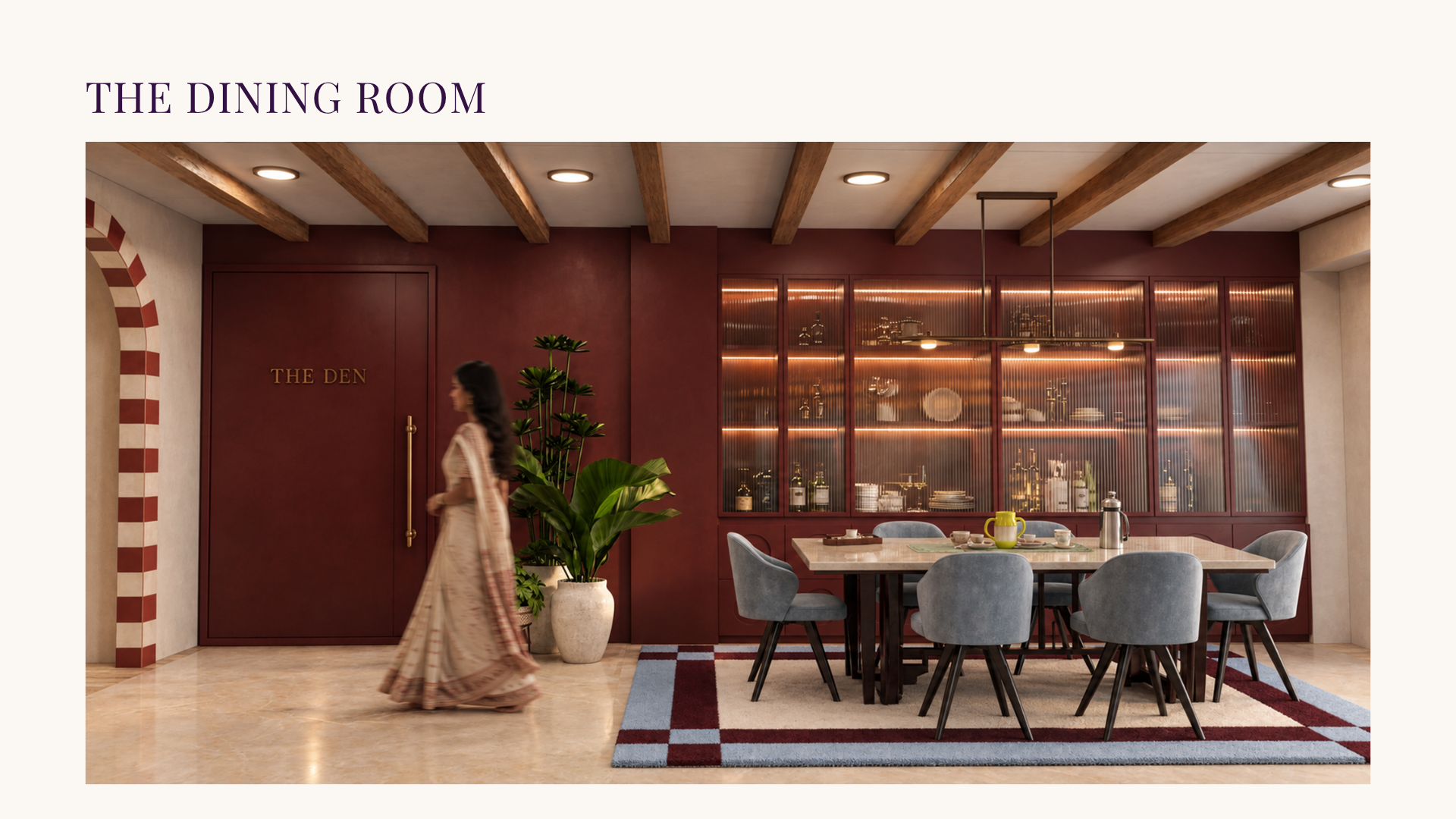 Dining design render with maroon crockery wall, pale blue chairs and timber ceiling beams