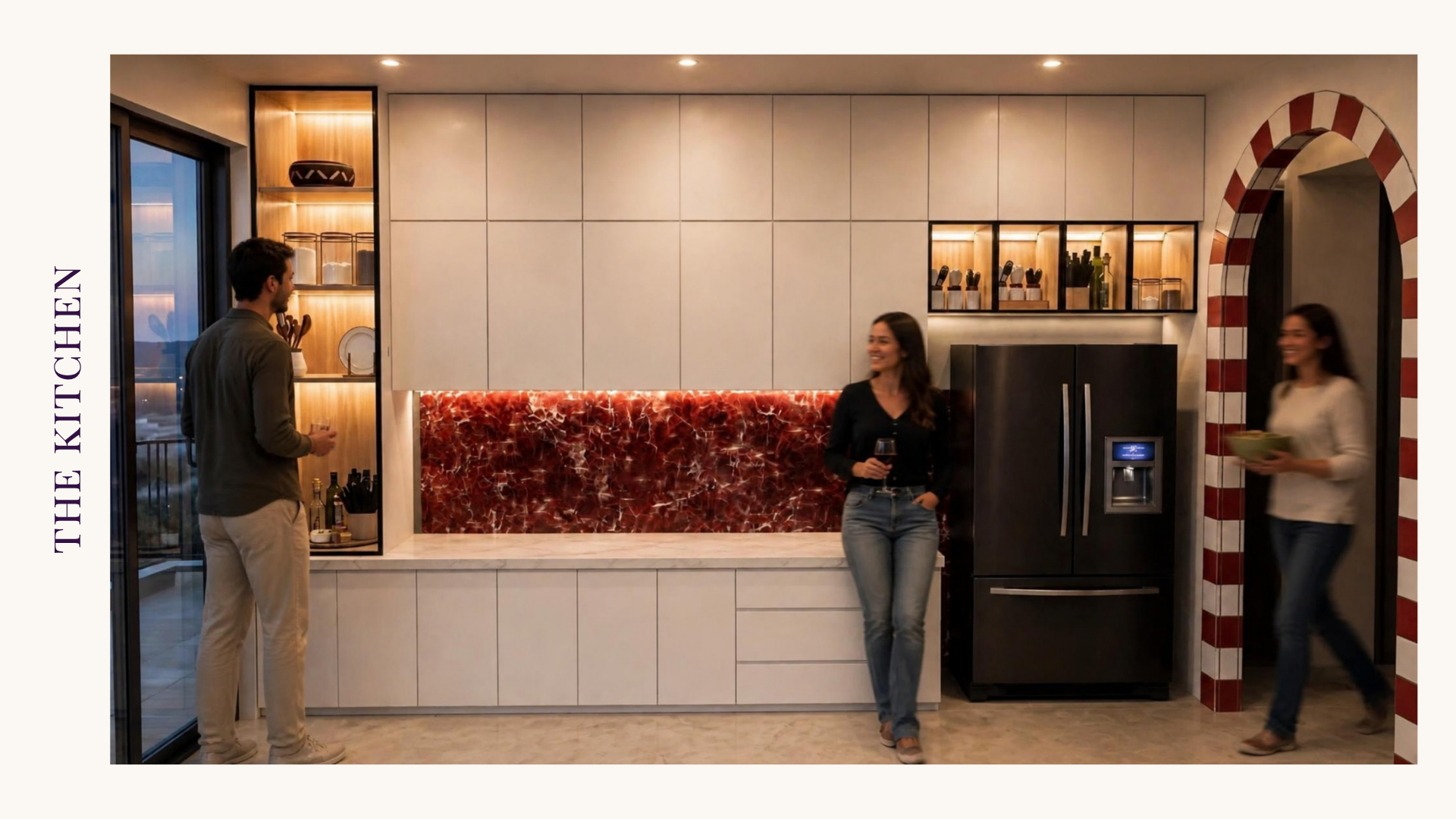 Kitchen design render with cream storage, red marble backsplash, refrigerator and striped arch