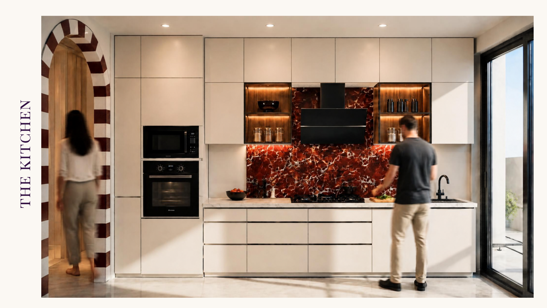 Kitchen design render with cooking counter, hood, maroon marble and integrated appliances