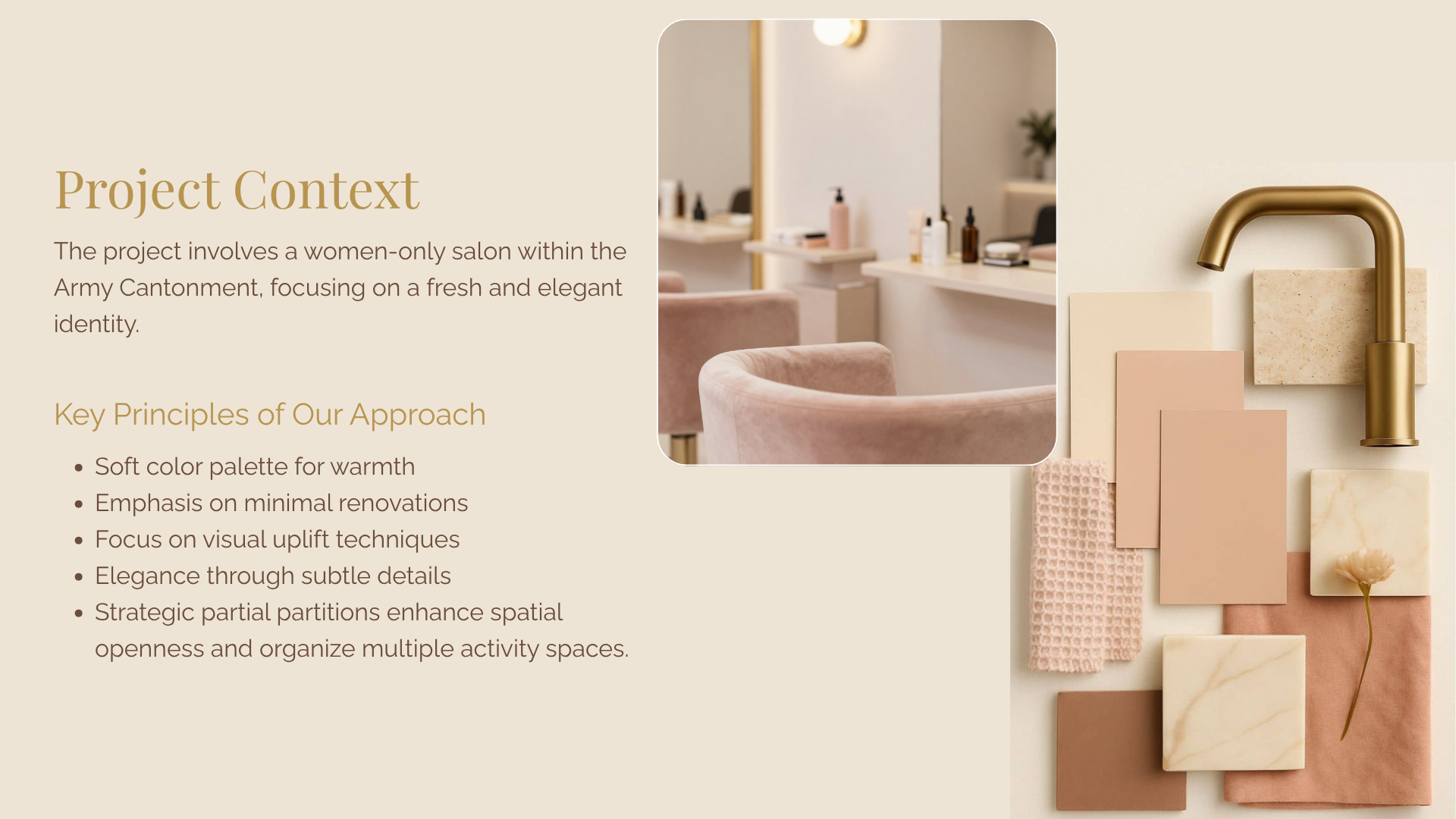 Palette references combining blush upholstery, cream stone, brass fittings and soft textiles