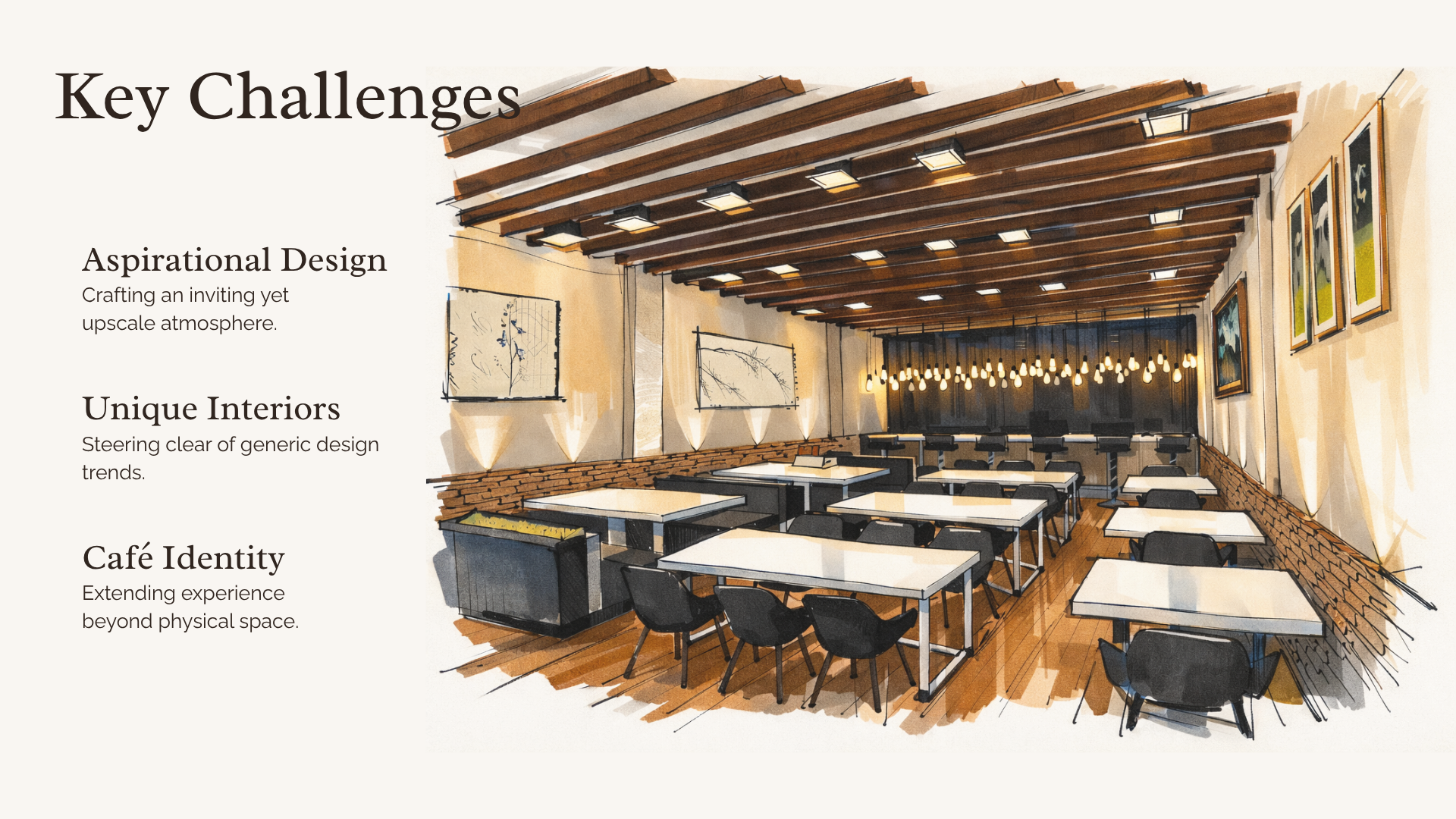 Sketch-style café perspective showing timber beams, pendant lighting and varied table seating