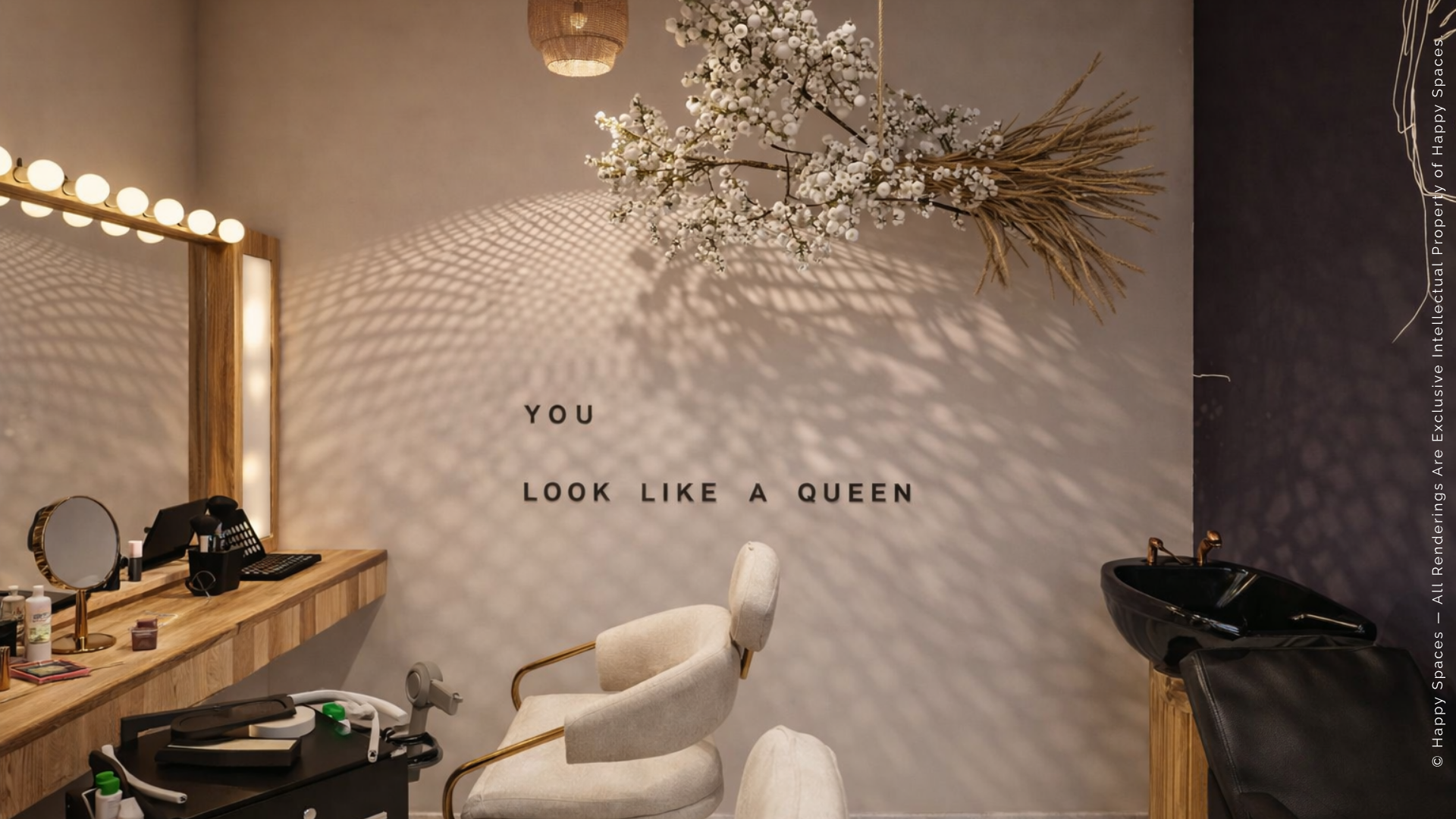 Salon feature wall with floral detailing, warm pendant lighting, a styling mirror and wash basin