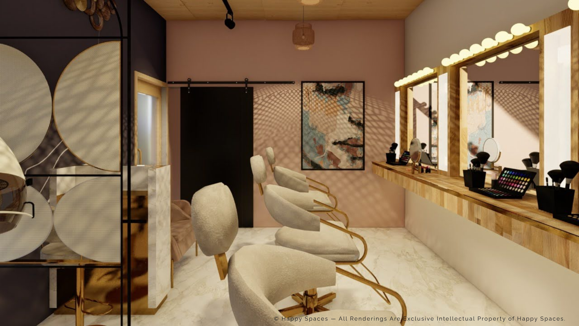 Salon design rendering with illuminated timber mirrors, cream styling chairs and a partial patterned partition