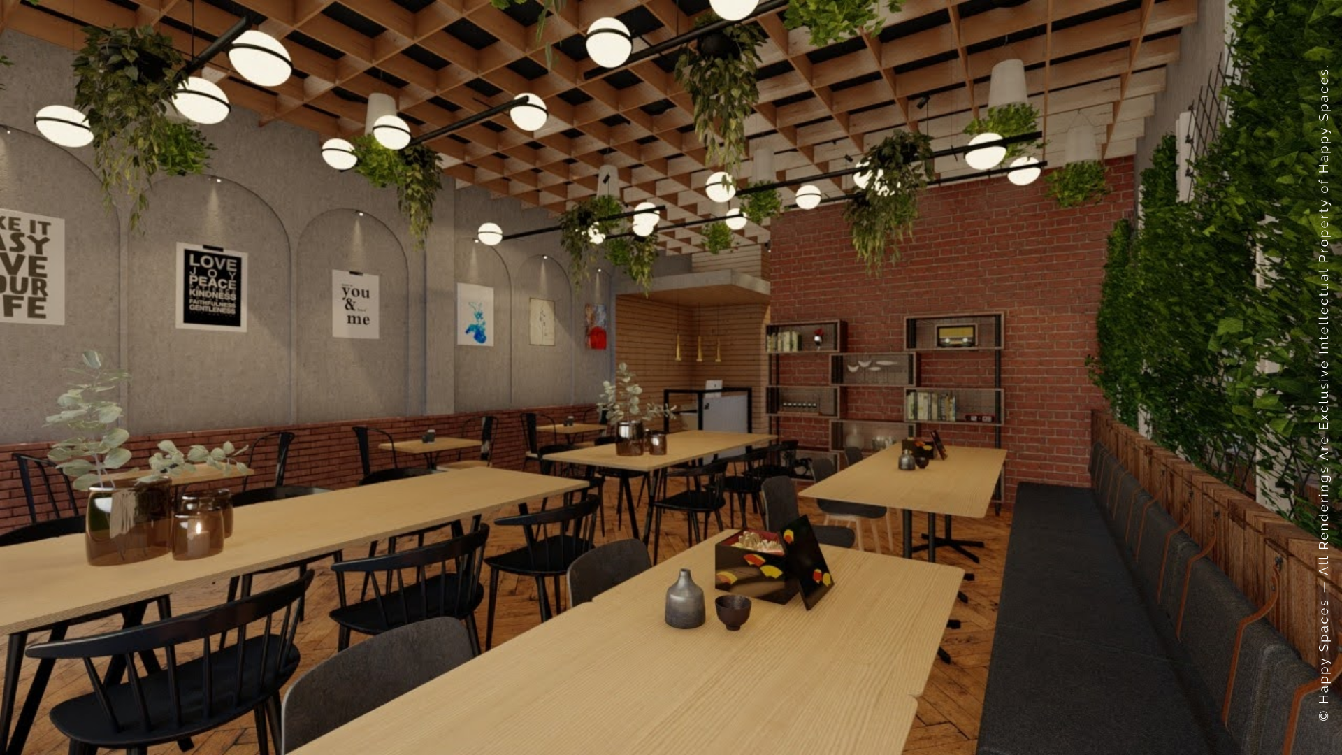 A2 Café design rendering with timber lattice ceiling, hanging greenery, brick walls and communal tables