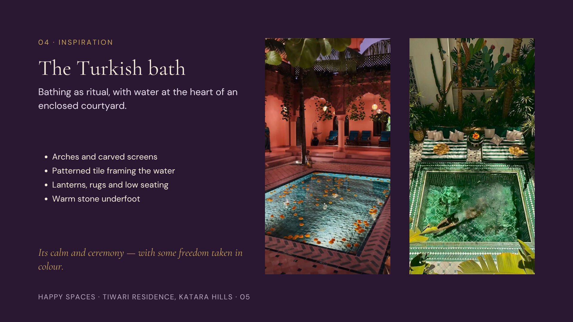 Terracotta courtyard pool with arches, low seating and floating flowers