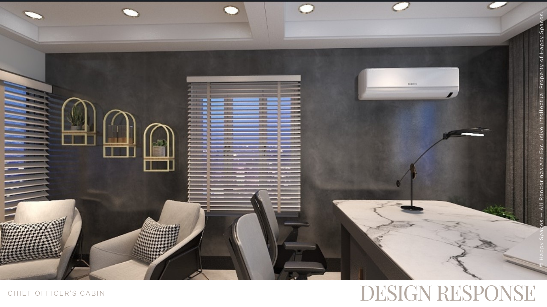 Chief officer’s cabin design with grey walls, a stone-pattern desk and a seating area