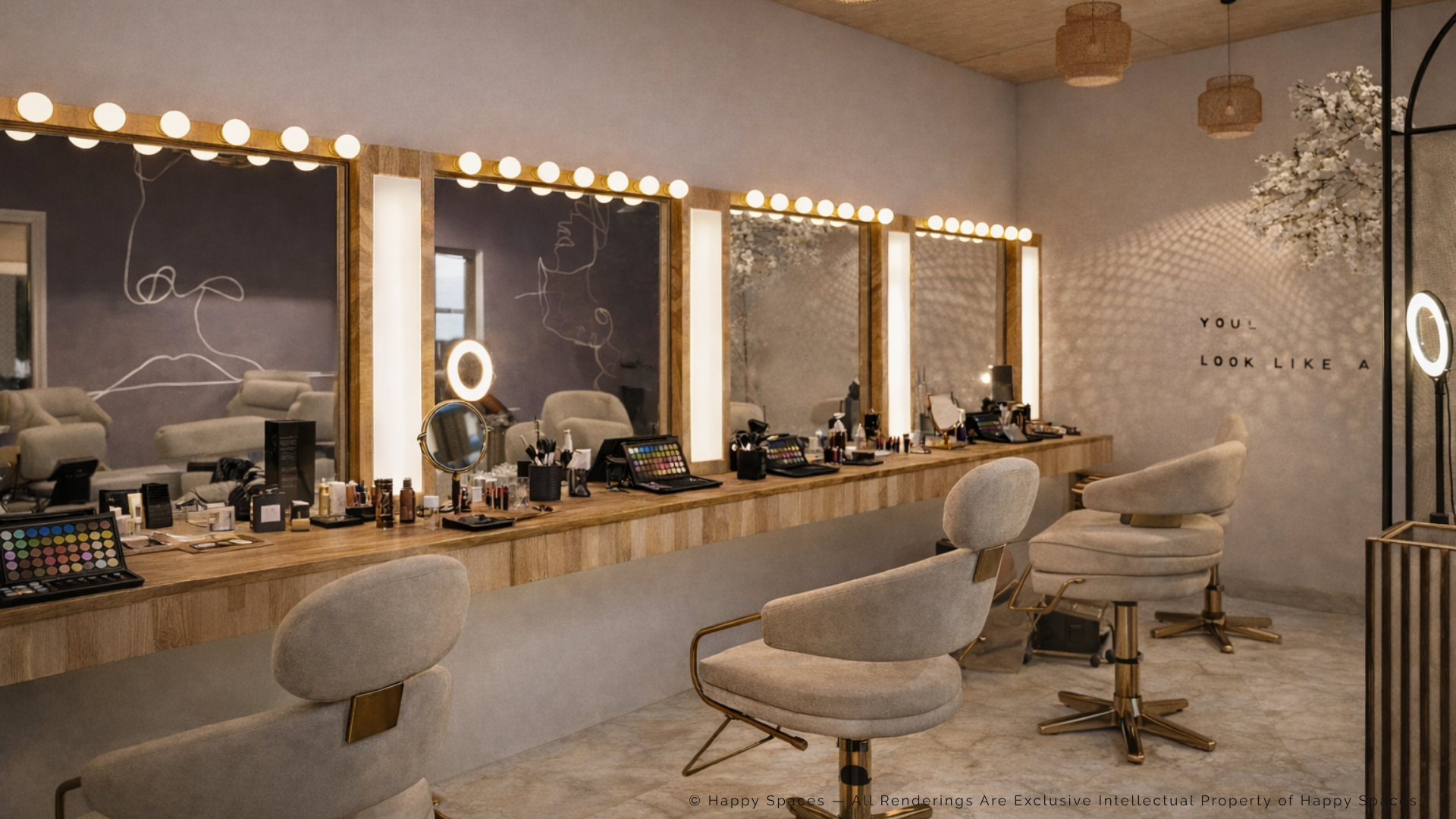 Row of salon styling stations with illuminated mirrors and upholstered cream chairs