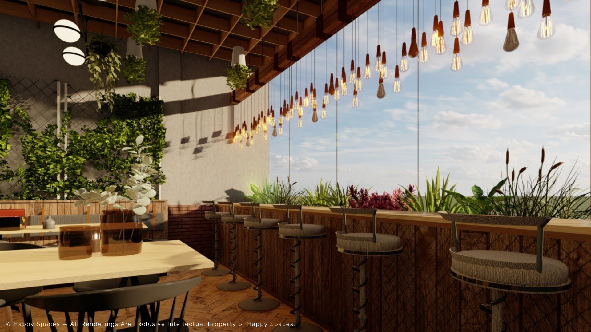 Café window seating with timber counter, upholstered stools, plants and suspended pendant lights