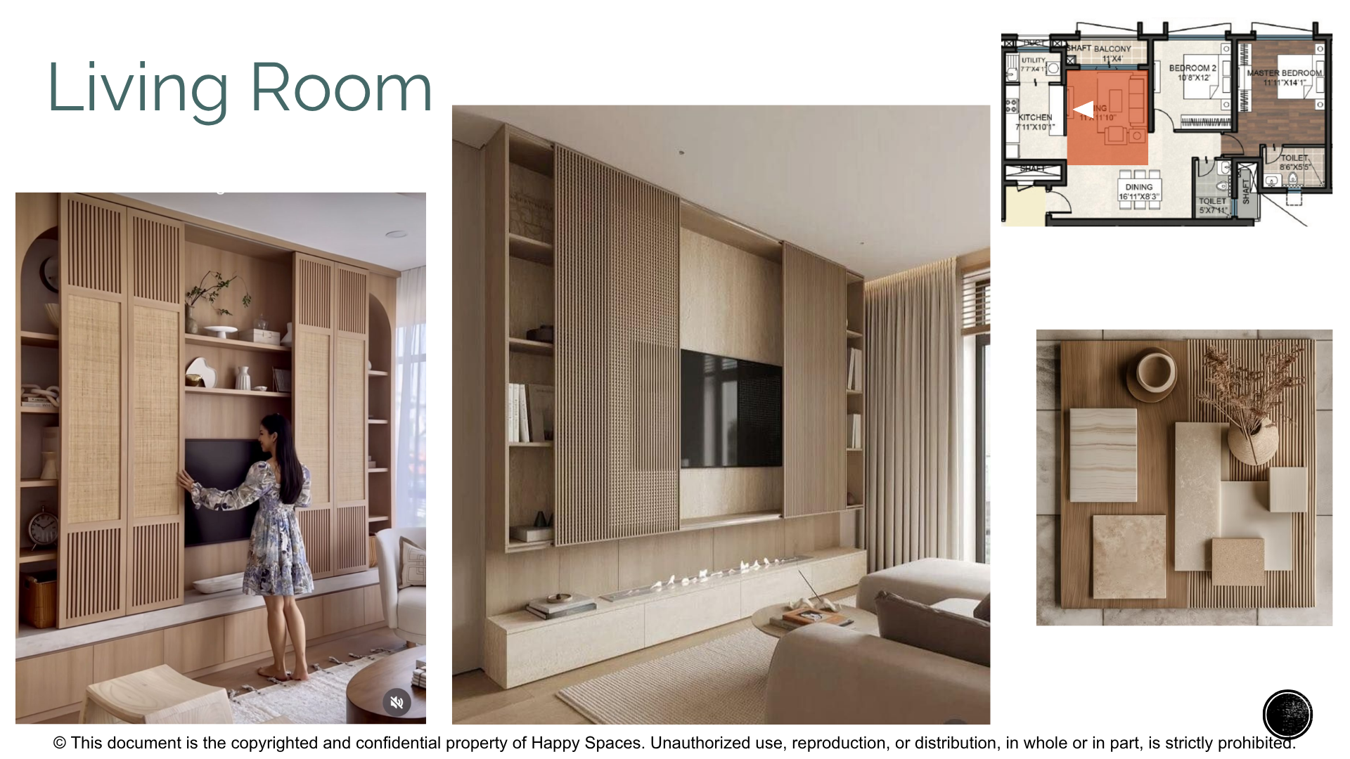Living room reference with timber television storage, slatted panels and open shelving