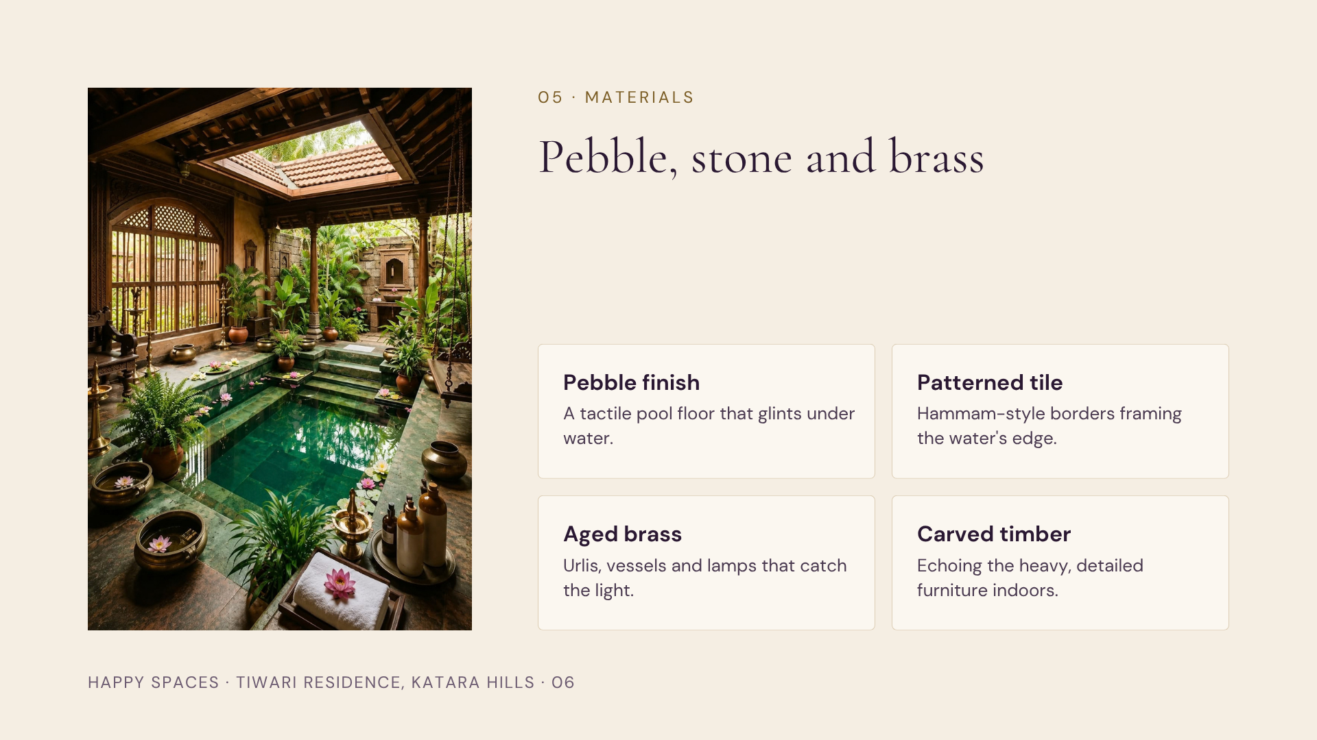 Timber-framed green pool with brass vessels, stone steps and floating lotus flowers