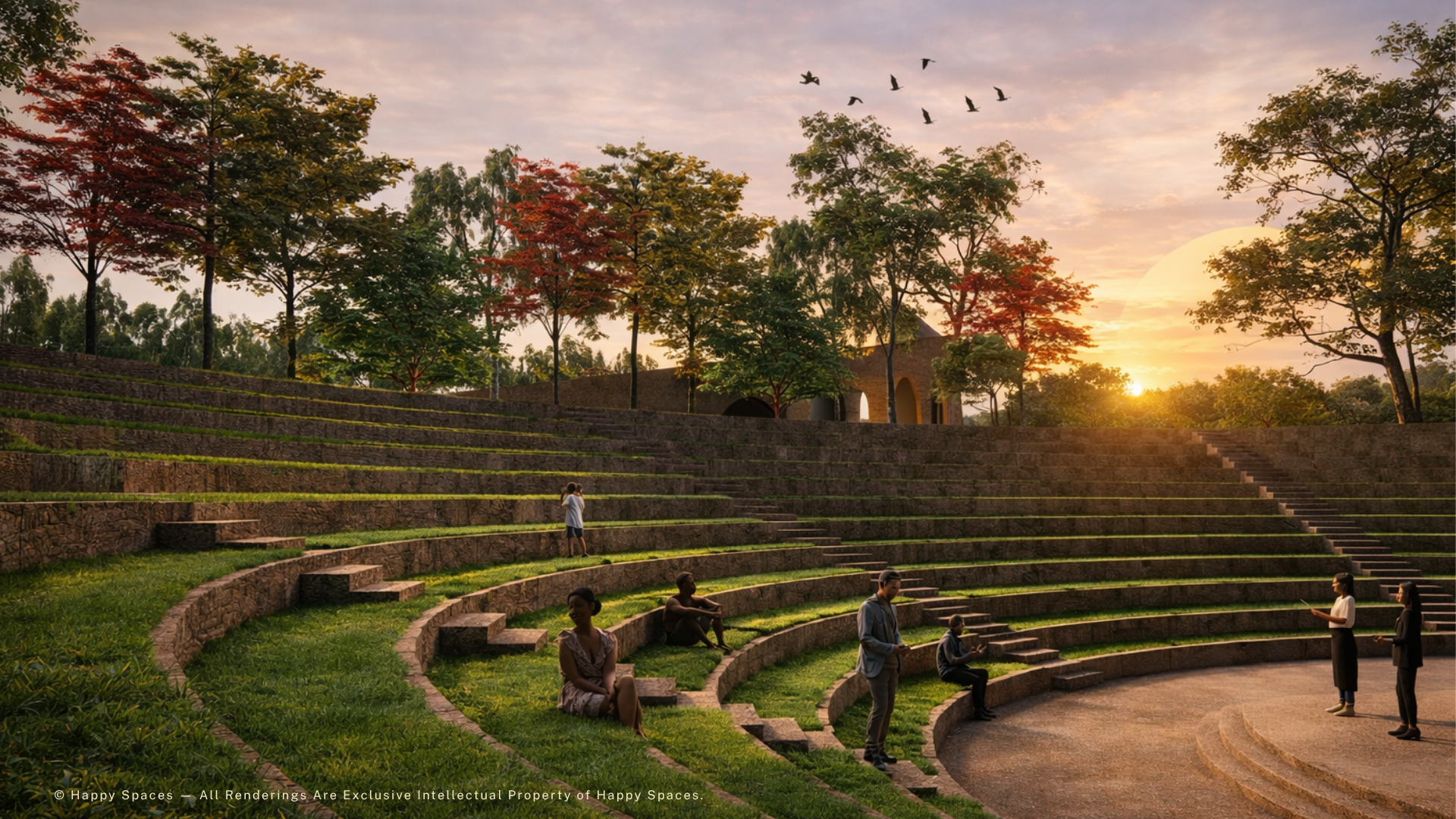 Design visualization of an open-air theatre with curved stone seating and planted terraces