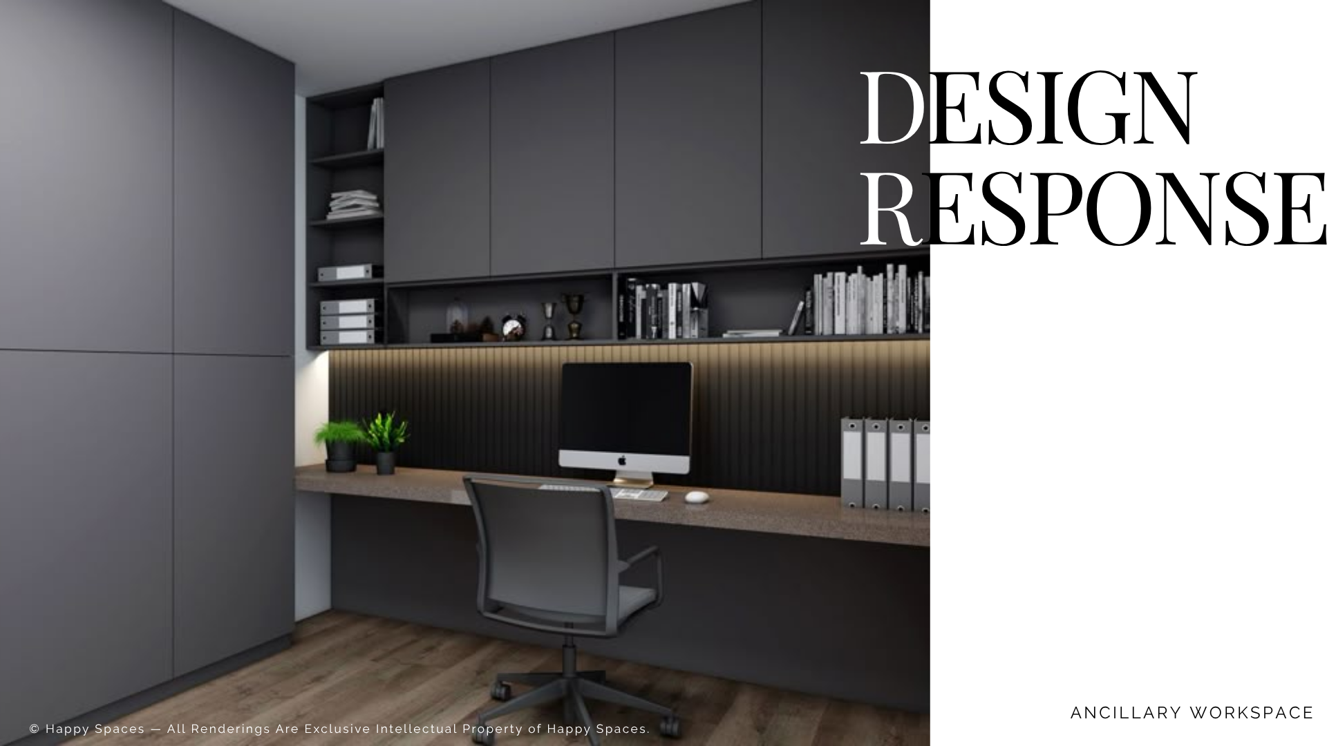 Compact office workstation with grey cabinetry, display shelves and a desk
