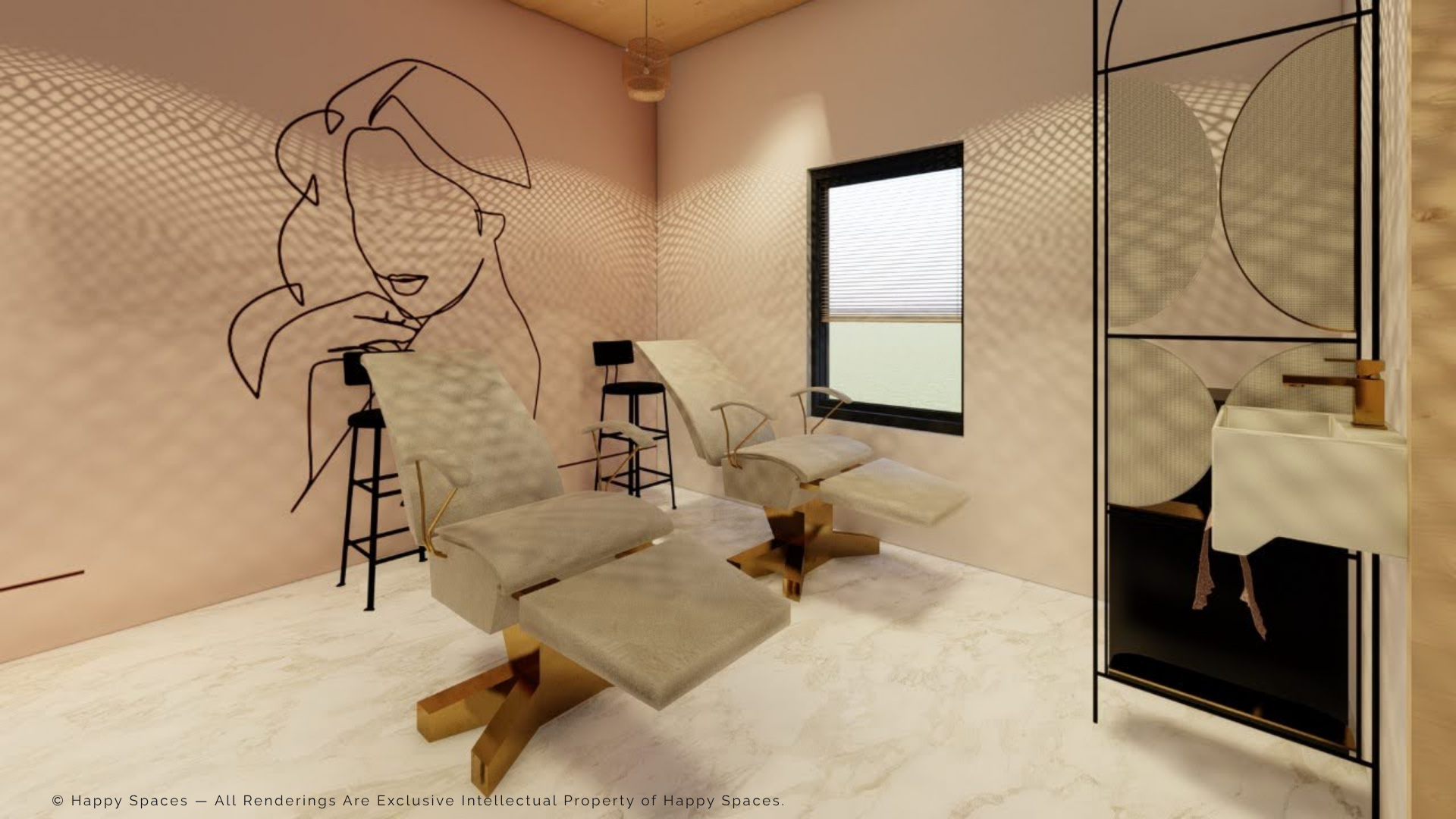 Salon seating zone beside a decorative partial partition, wall illustration and window
