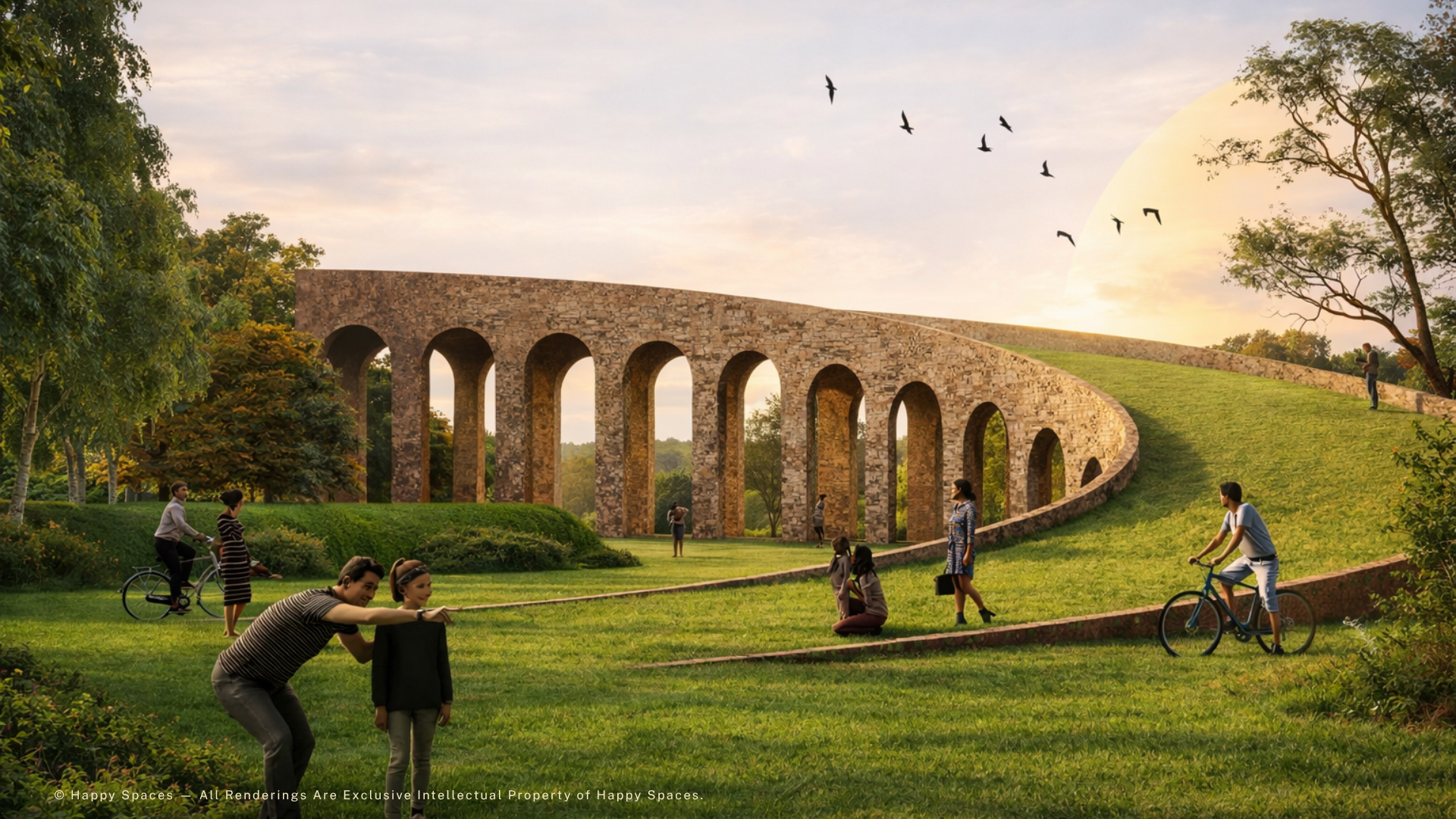 Design visualization of a curving stone arcade and landscaped gathering space