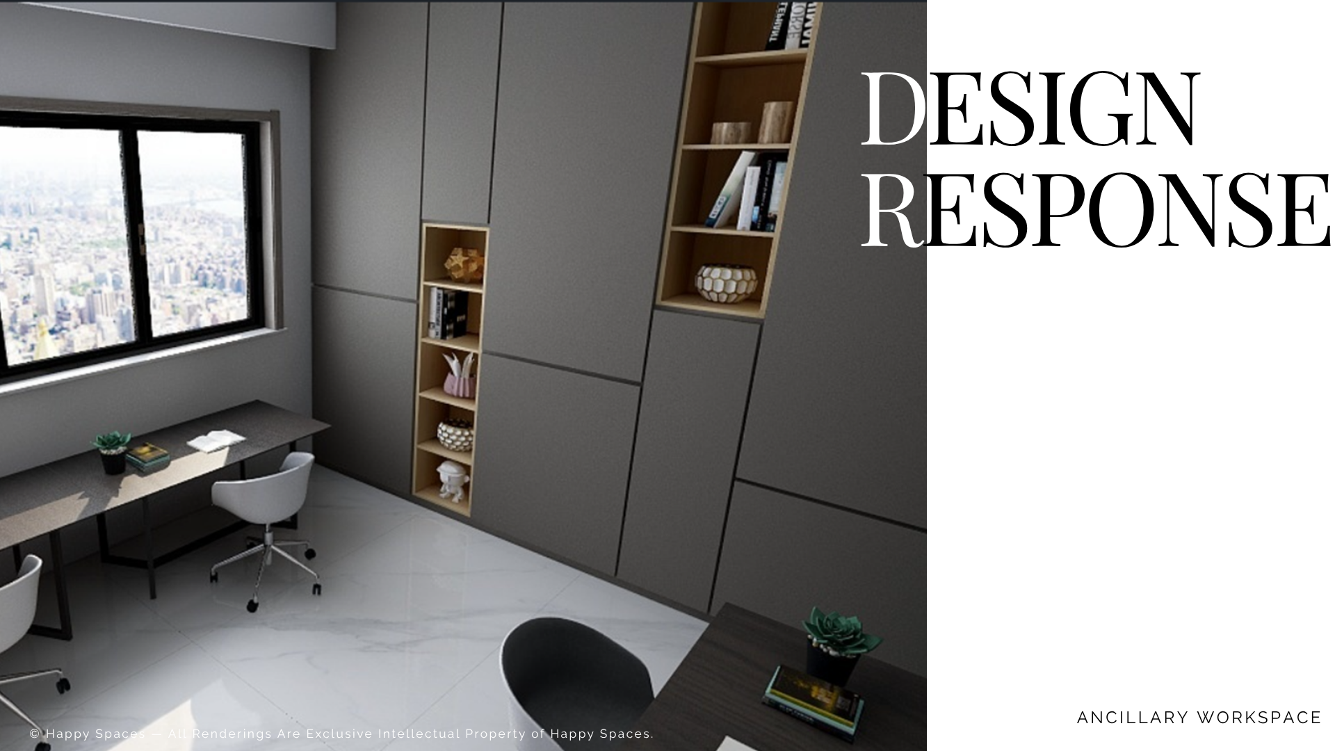 Ancillary workspace design with window-side desks and tall grey storage cabinets