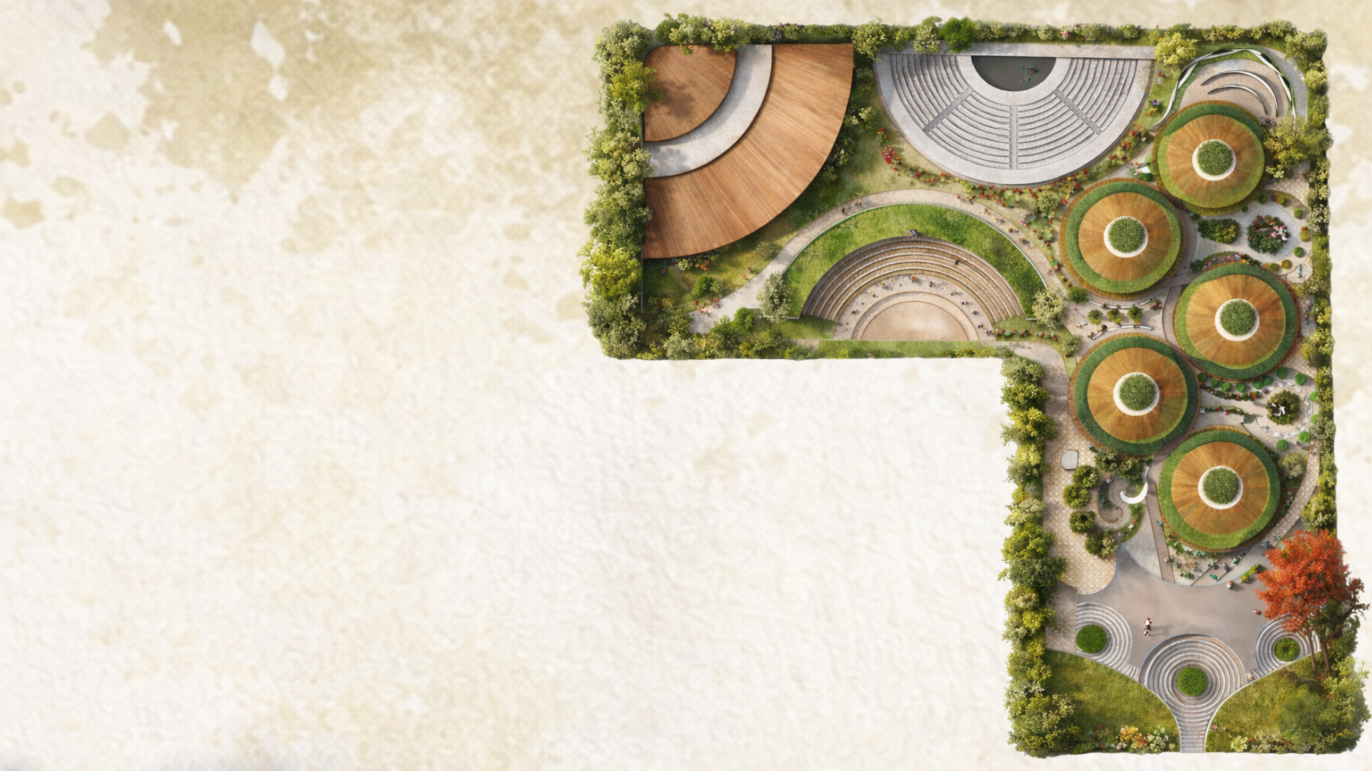 Aerial museum design visualization showing five circular galleries, landscaped paths and open-air performance spaces