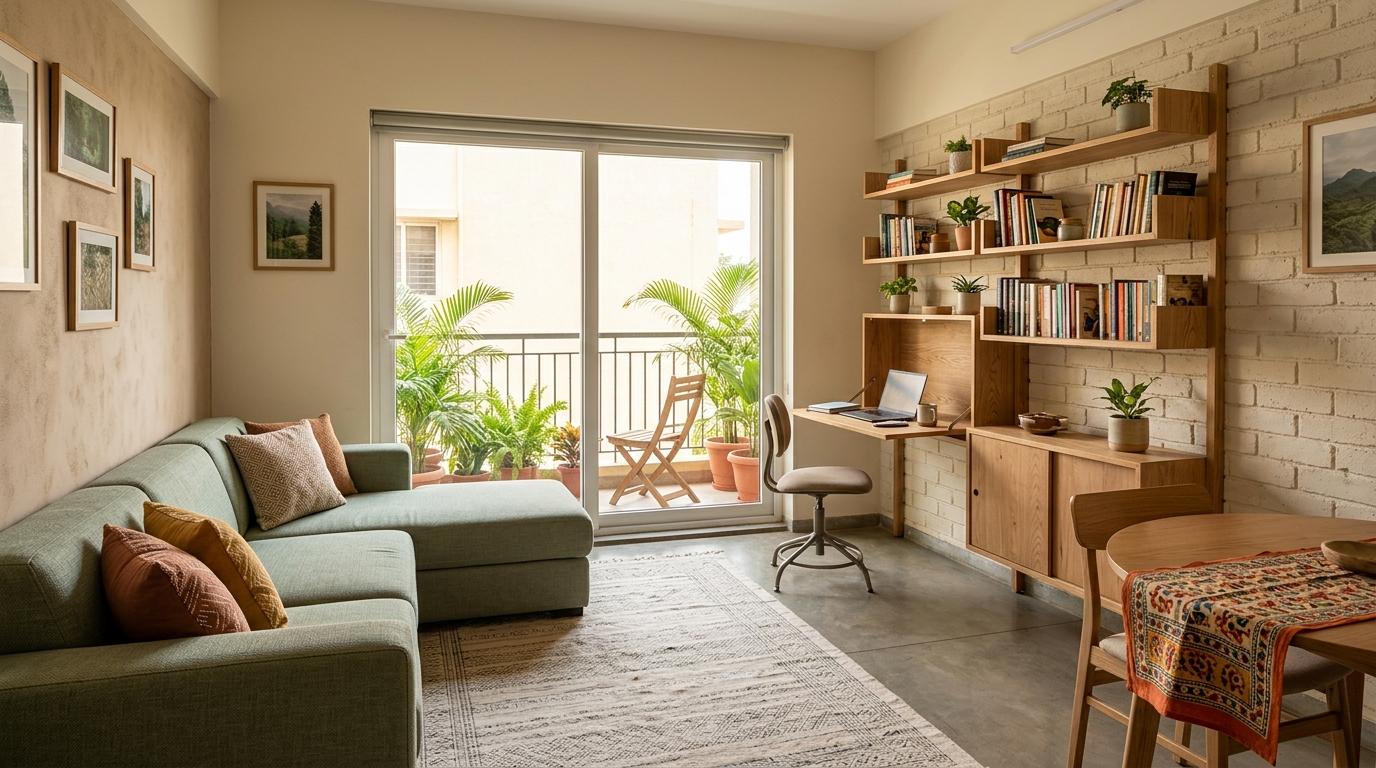 Illustrative apartment living room with modular seating, timber storage, a workspace and planted balcony