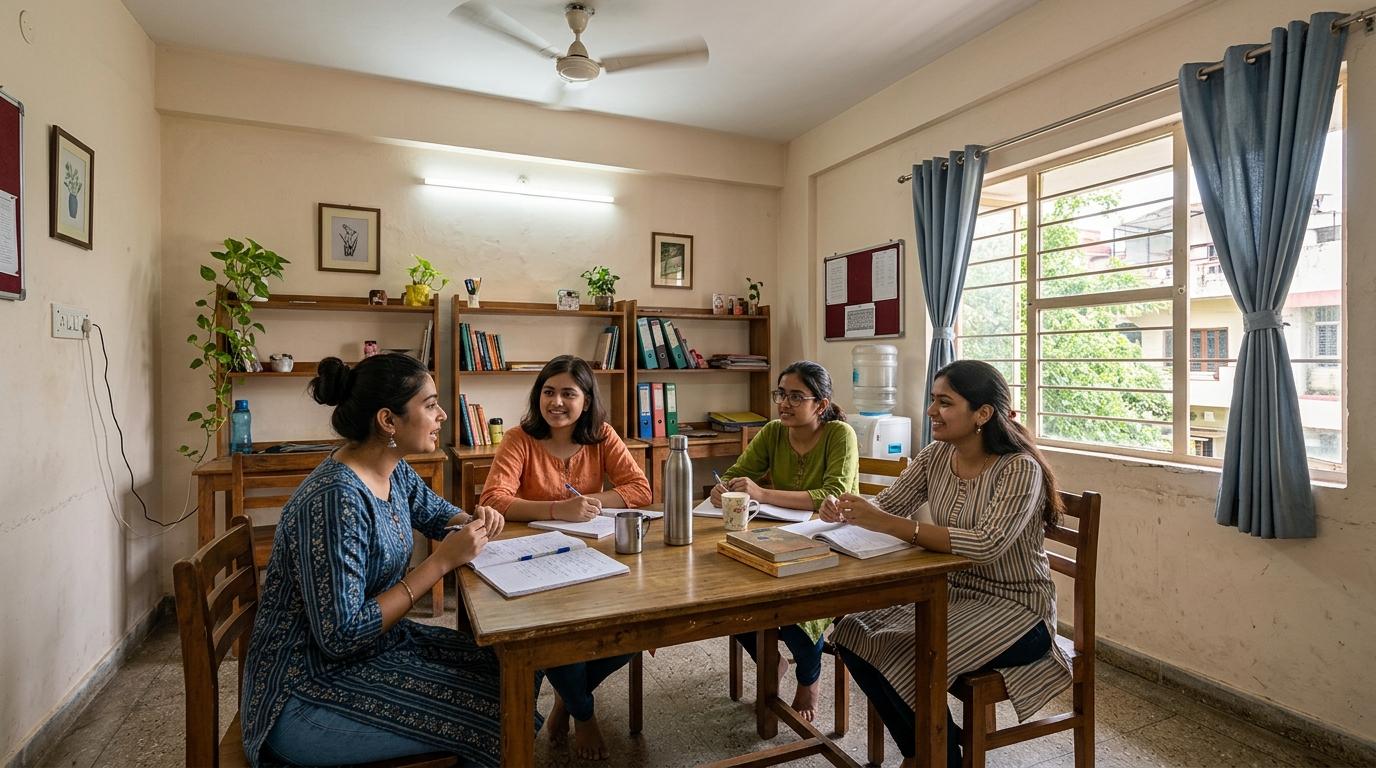 Illustration of female students chatting around a shared study table in a modest hostel common room