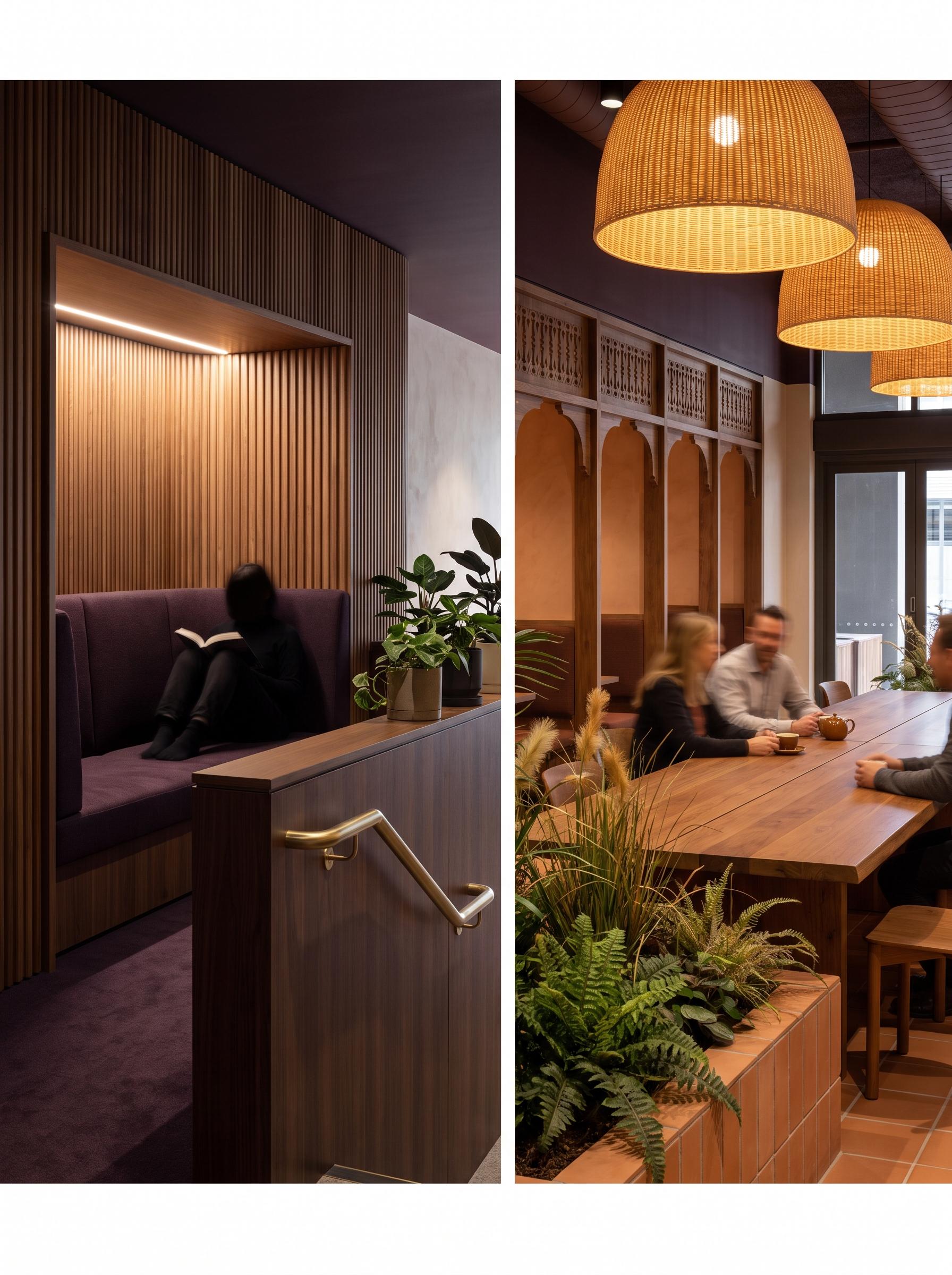 Quiet reading alcove with acoustic timber and soft lighting