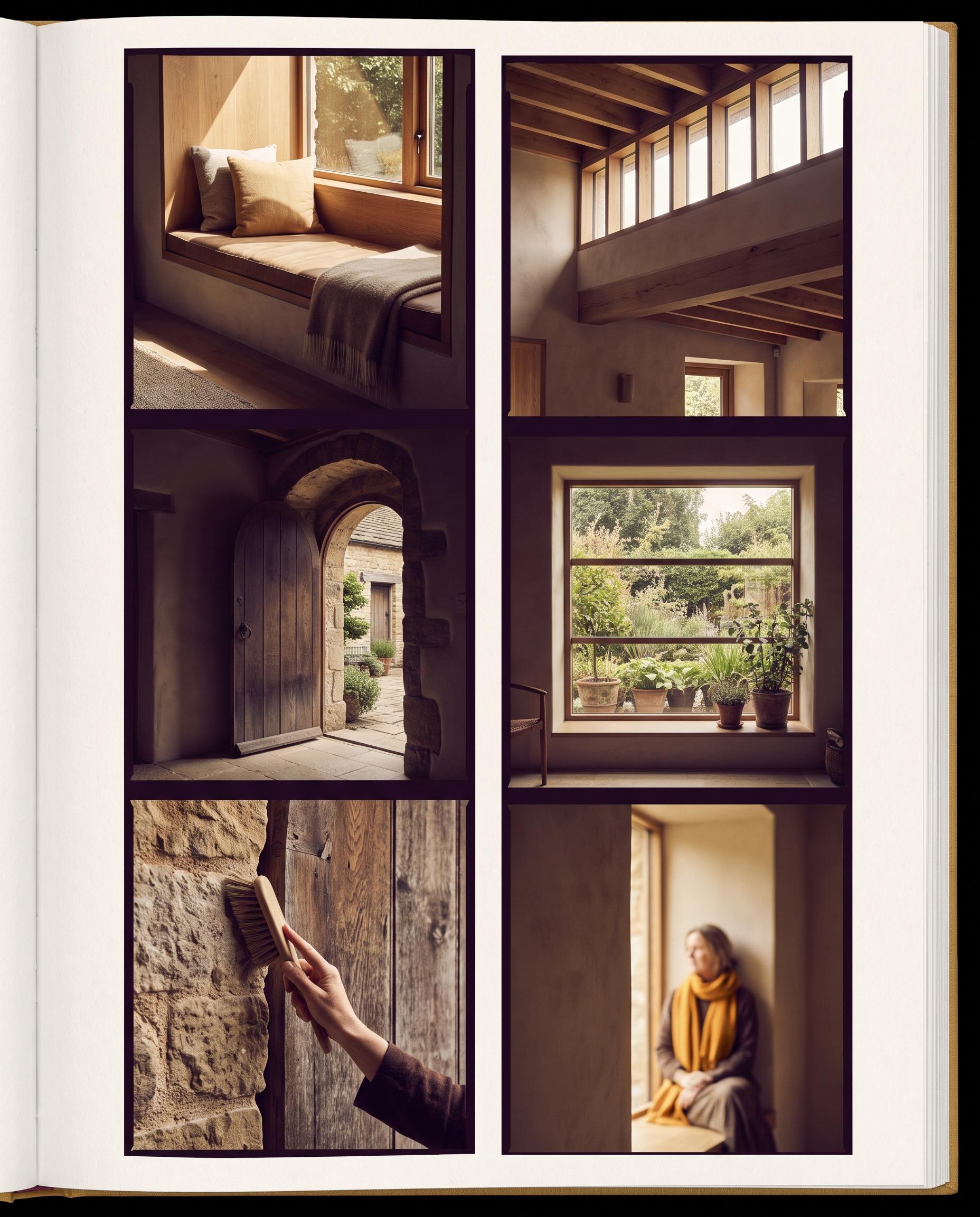 Daylit window seat, shaded threshold, and framed garden views