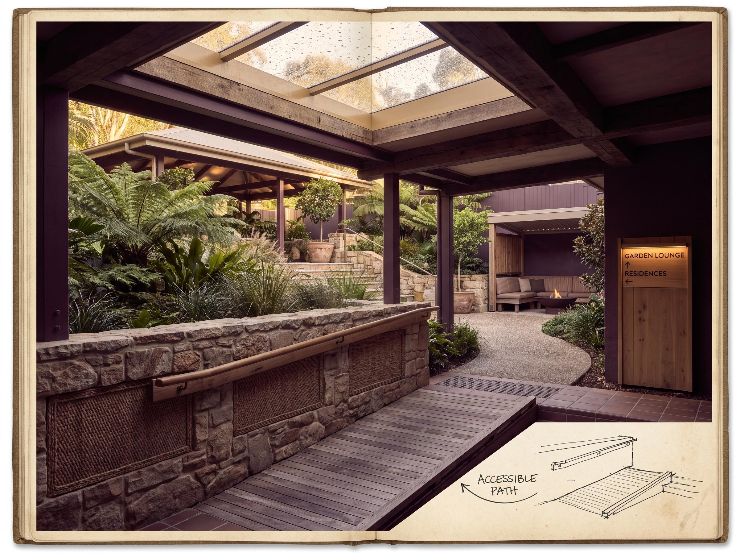 Step-free courtyard route with clear sightlines and planting