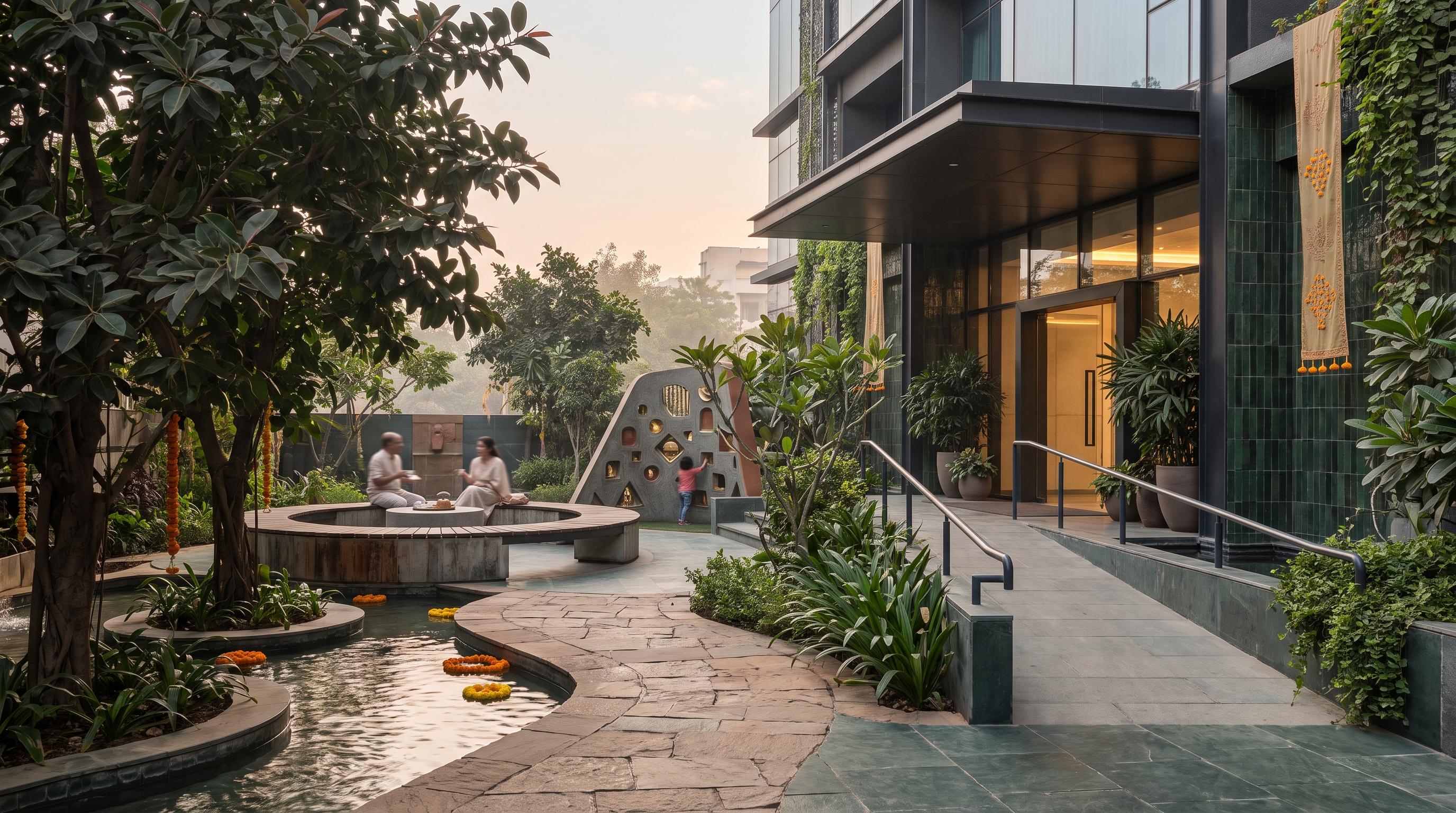 An urban courtyard expressing nature, belonging, discovery, ease, and safety