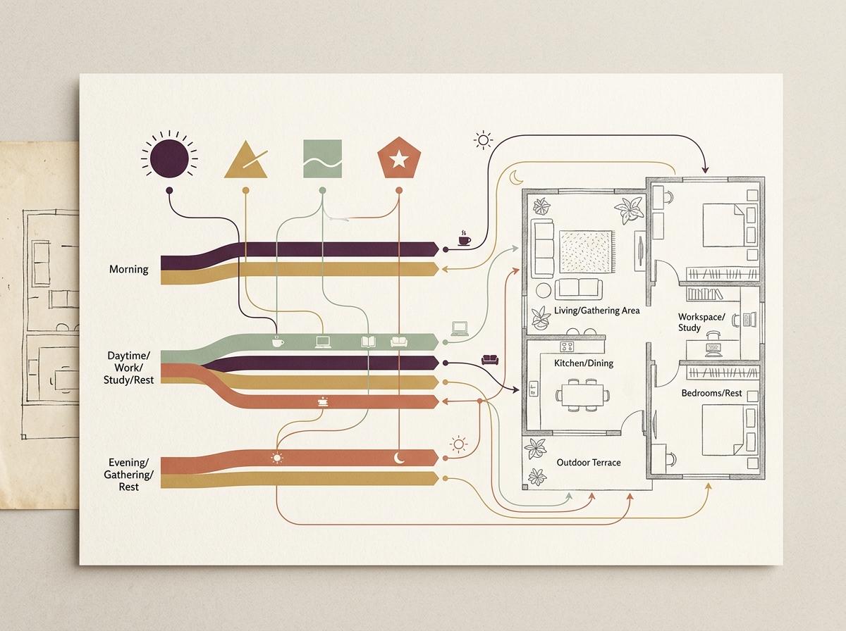 Illustrative map linking household routines to shared and private spaces