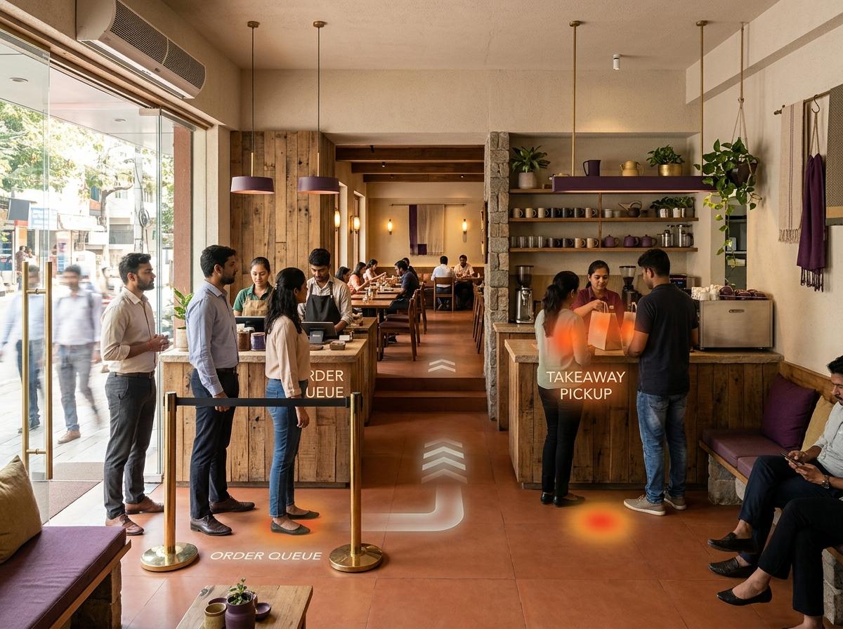Illustrative café counter with separate waiting and pickup settings