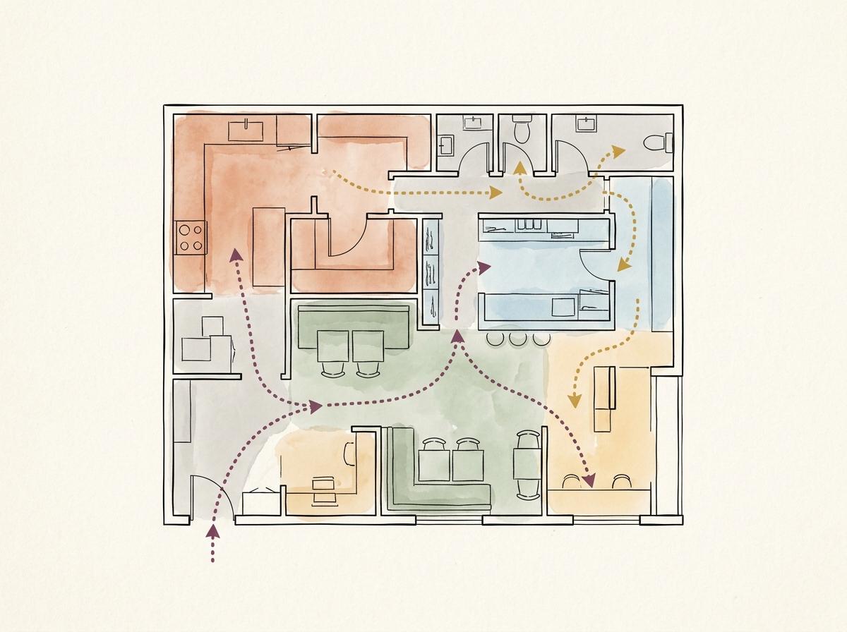 Illustrative café plan with separate guest and staff routes