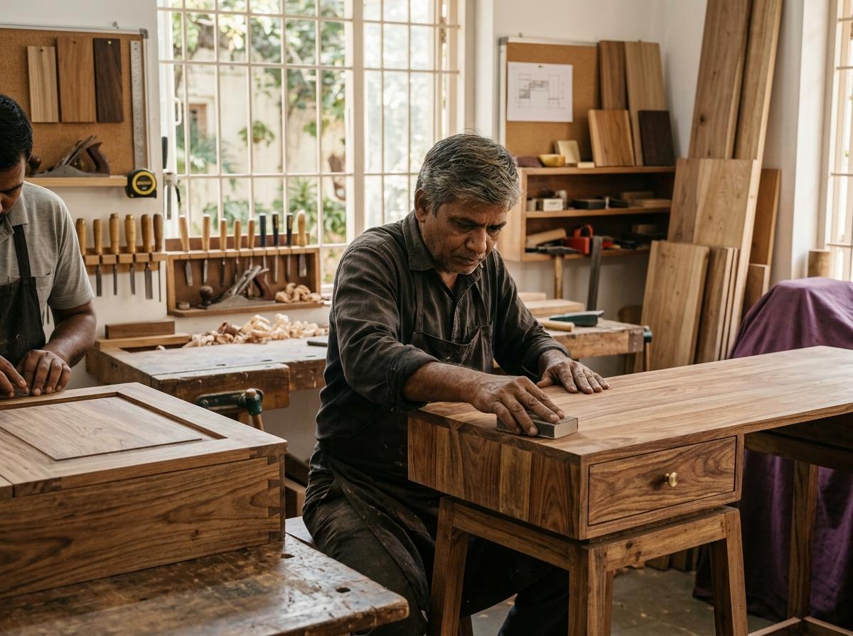 Illustrative furniture workshop and timber finishing