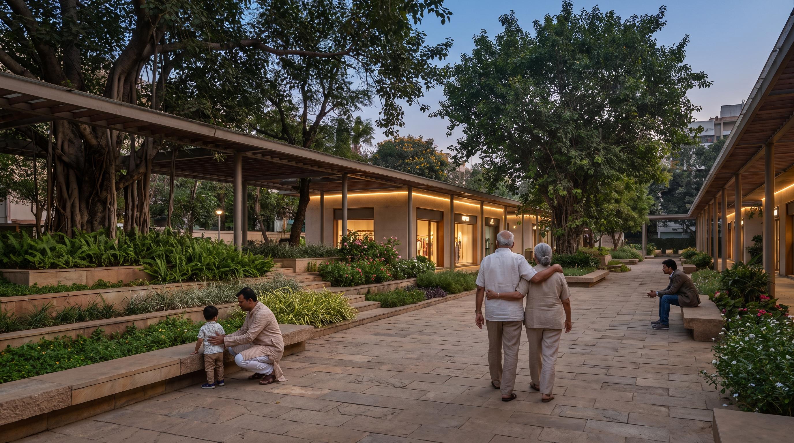 A landscaped park flowing into an active open-air retail plaza