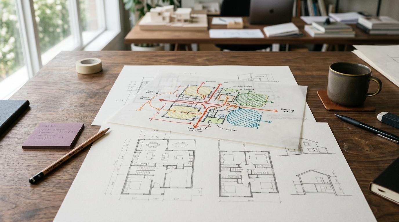 Illustrative architect's desk with plans and movement studies