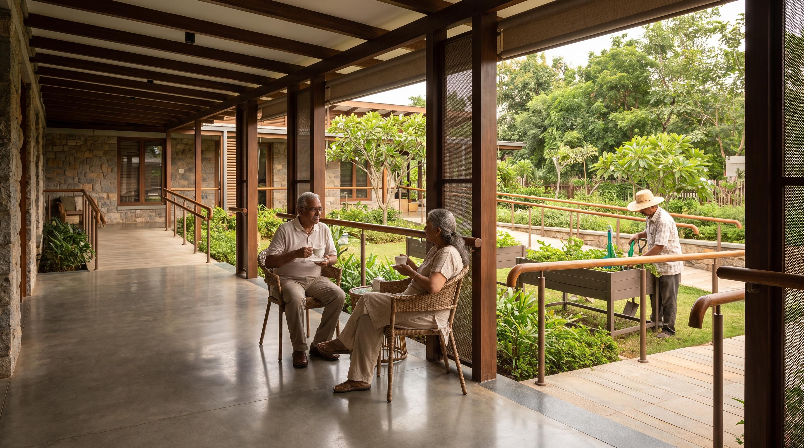 An accessible senior living garden with clear paths and sheltered seating