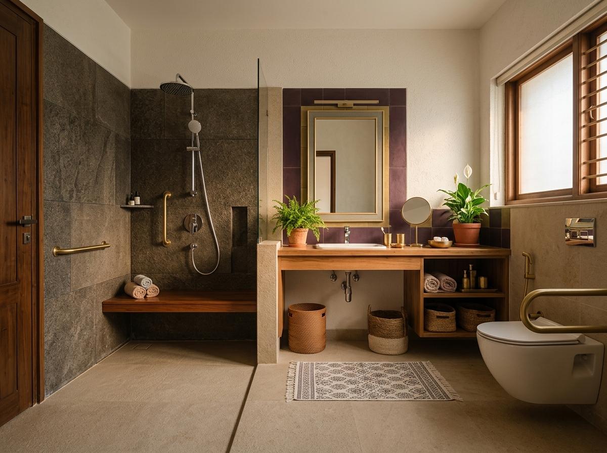Illustrative accessible bathroom with level-entry shower and discreet supports