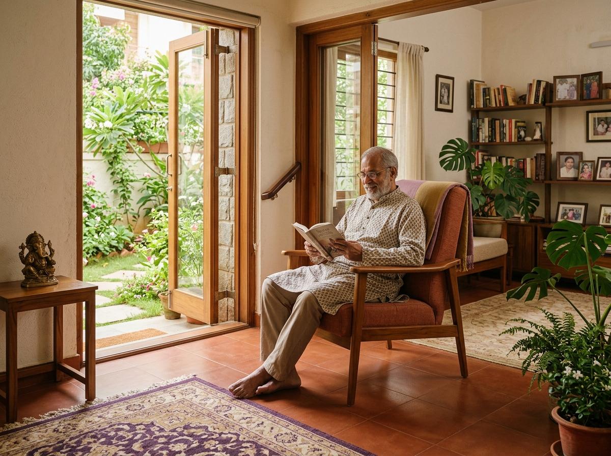 Illustrative age-friendly home with clear circulation and supportive seating