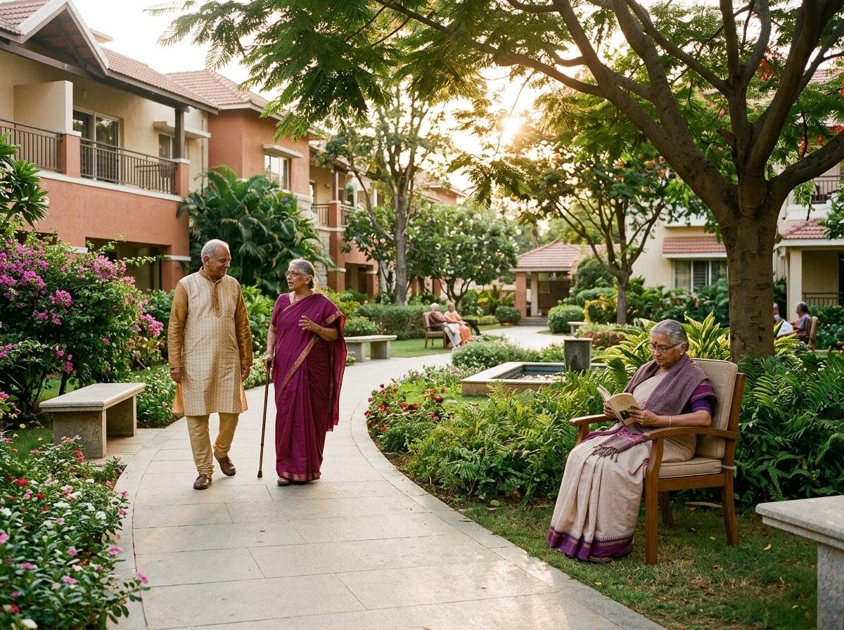 Illustrative courtyard with older adults reading and talking