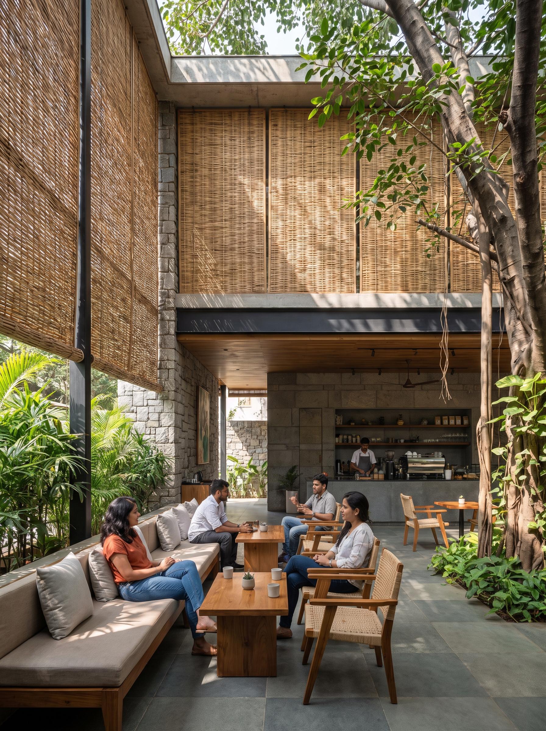 Friends gathering in a plant-filled contemporary cafe