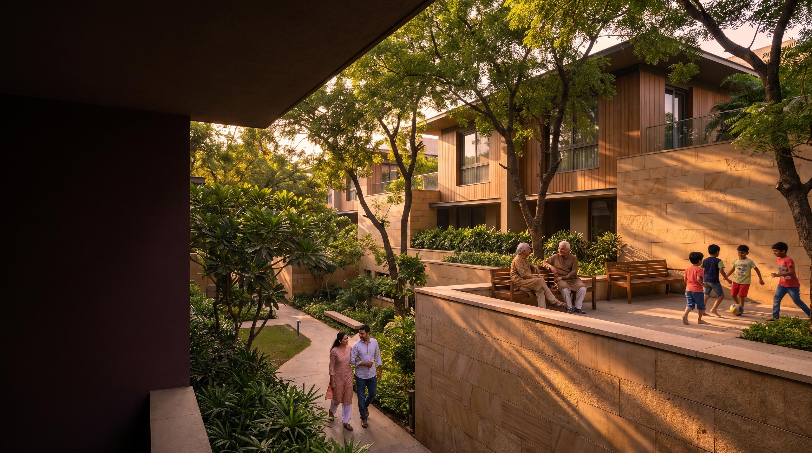 Families spending time together in a landscaped urban residential courtyard