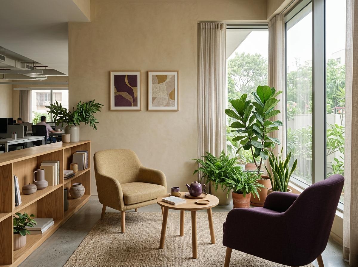 Illustrative daylit office recovery space with planting and comfortable seats