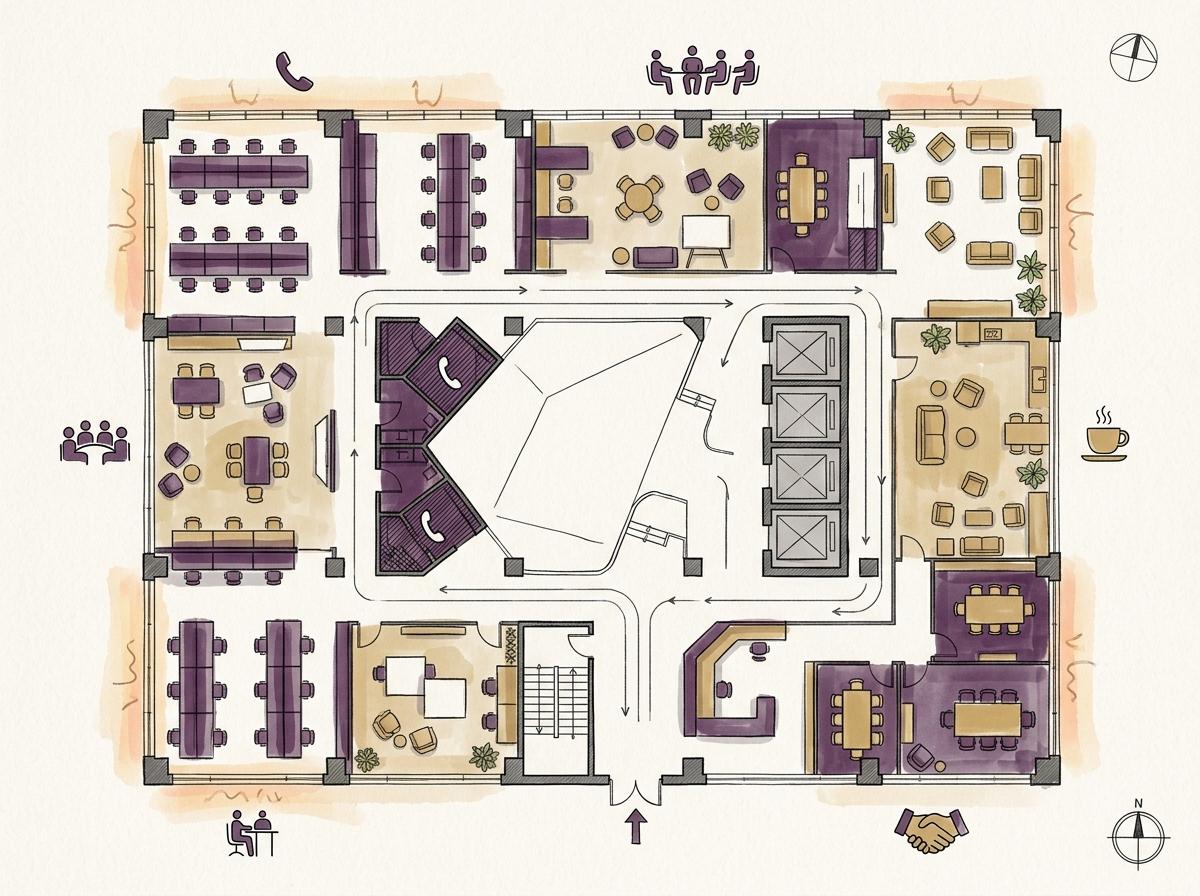 Illustrative workplace zoning plan for focus, collaboration, calls and recovery