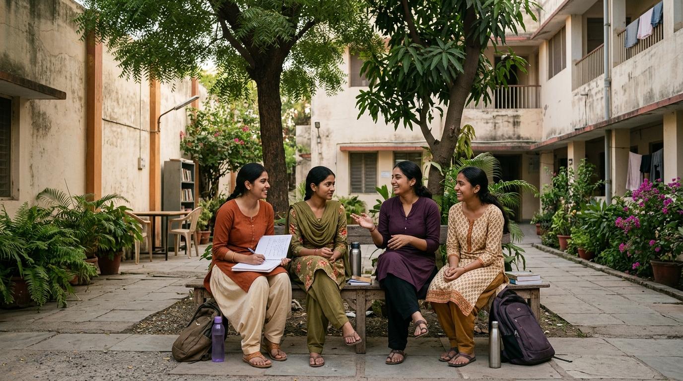 Illustrative hostel courtyard with female students sitting together and chatting beneath shade trees